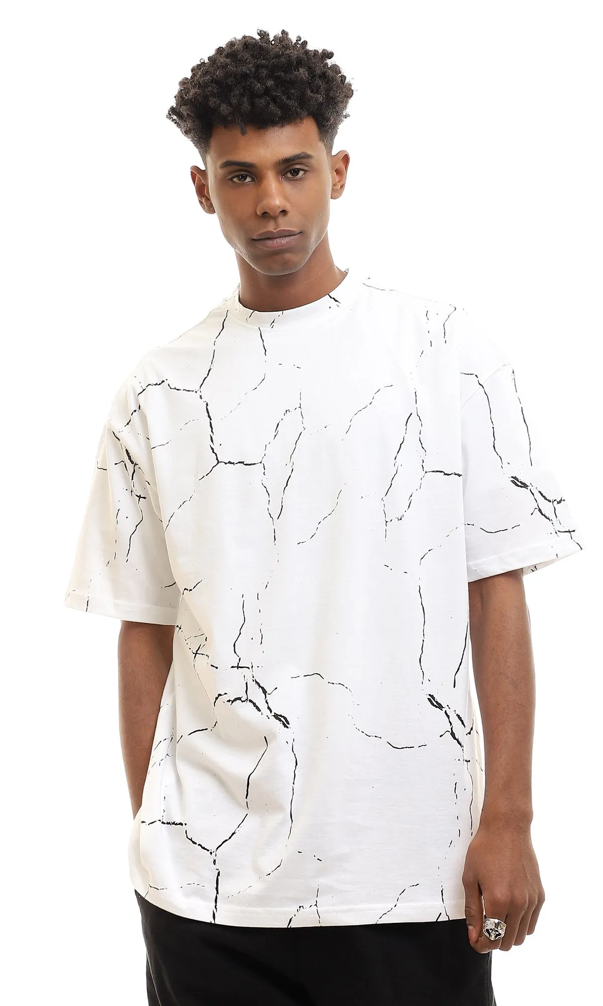 97161 Short Sleeves Marble Pattern Cotton Tee - White & Black