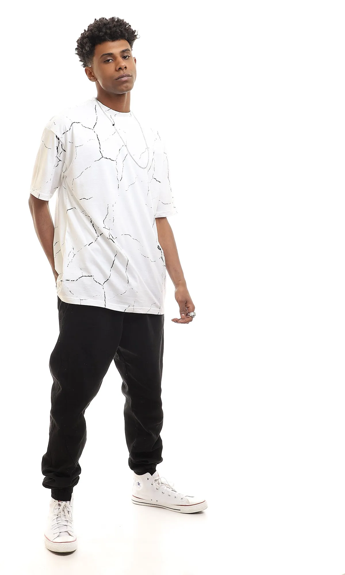 97161 Short Sleeves Marble Pattern Cotton Tee - White & Black