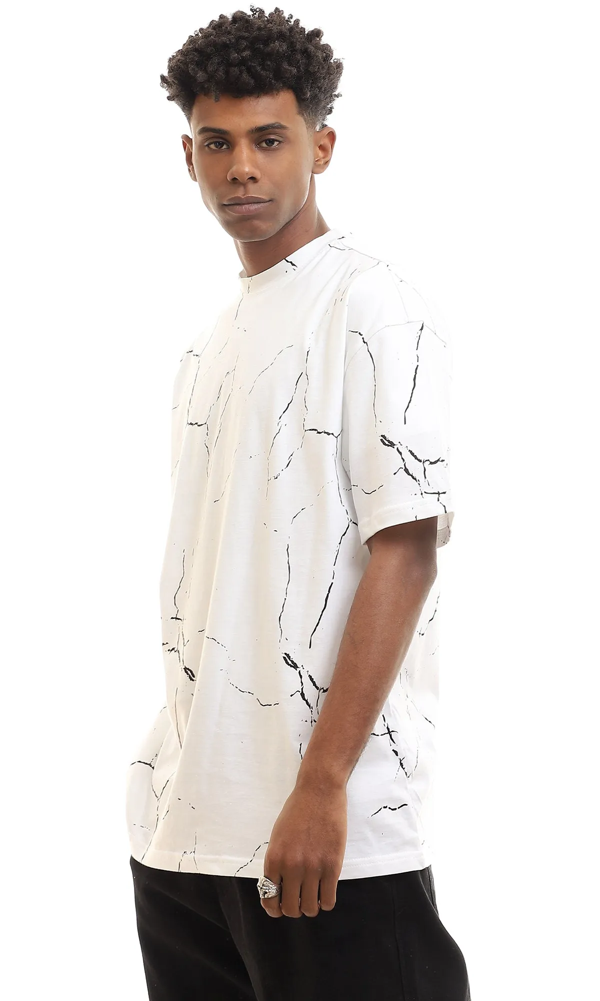 97161 Short Sleeves Marble Pattern Cotton Tee - White & Black