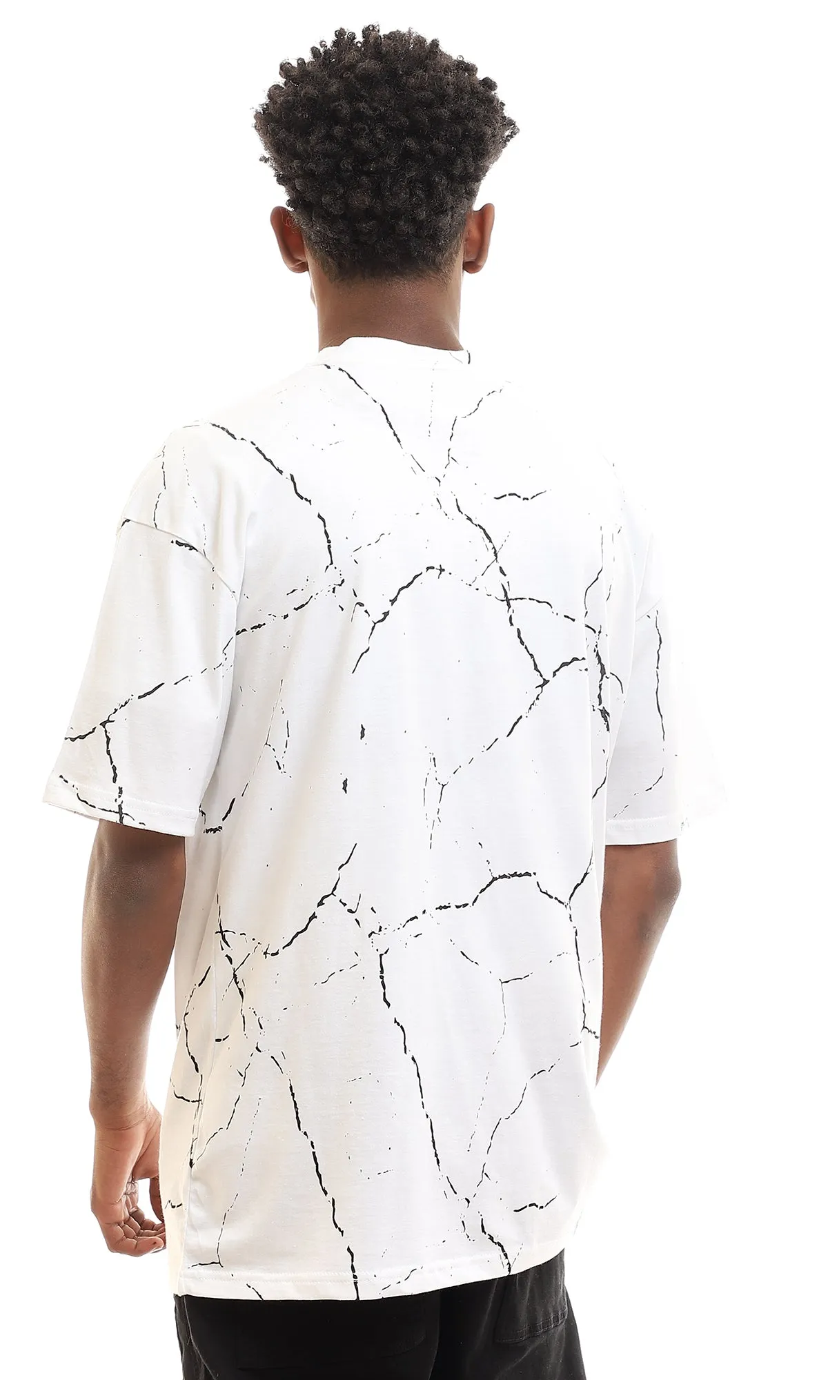 97161 Short Sleeves Marble Pattern Cotton Tee - White & Black