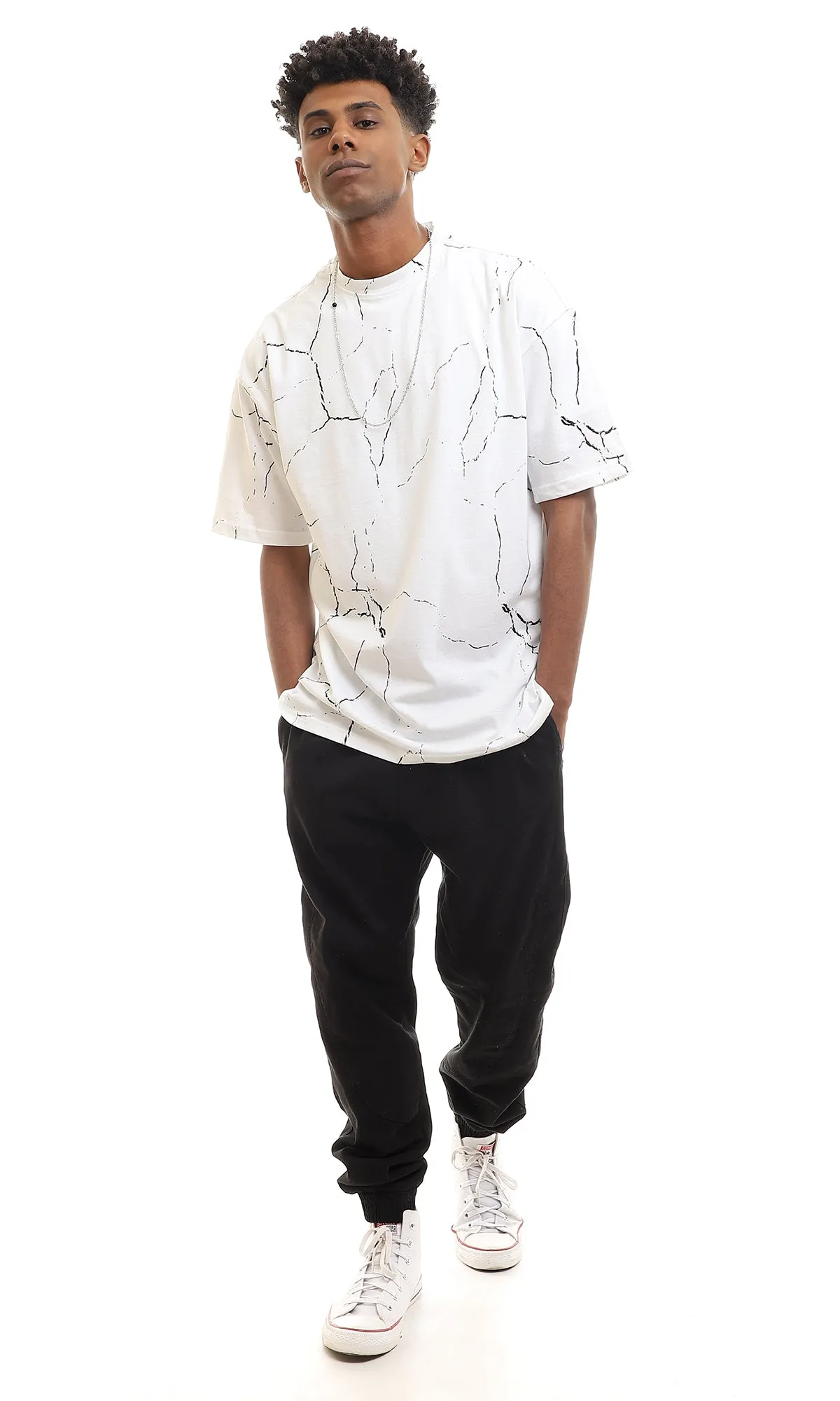 97161 Short Sleeves Marble Pattern Cotton Tee - White & Black