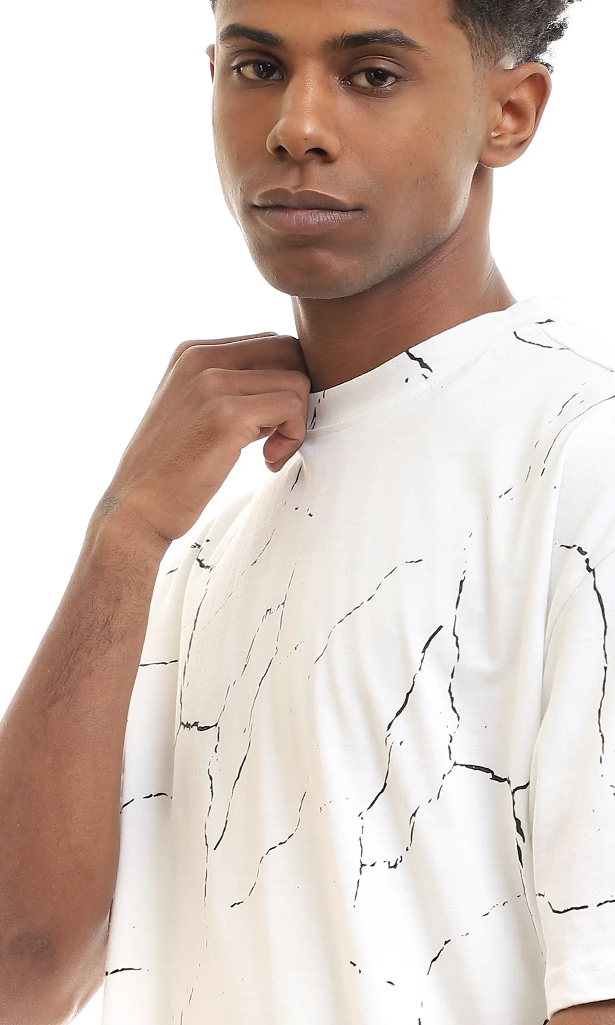 97161 Short Sleeves Marble Pattern Cotton Tee - White & Black