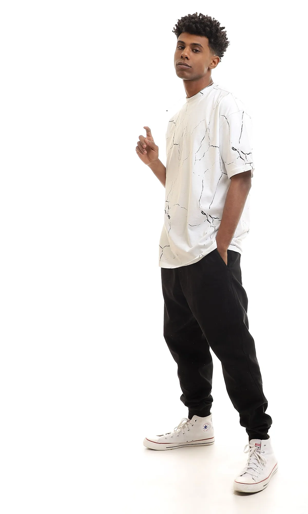 97161 Short Sleeves Marble Pattern Cotton Tee - White & Black