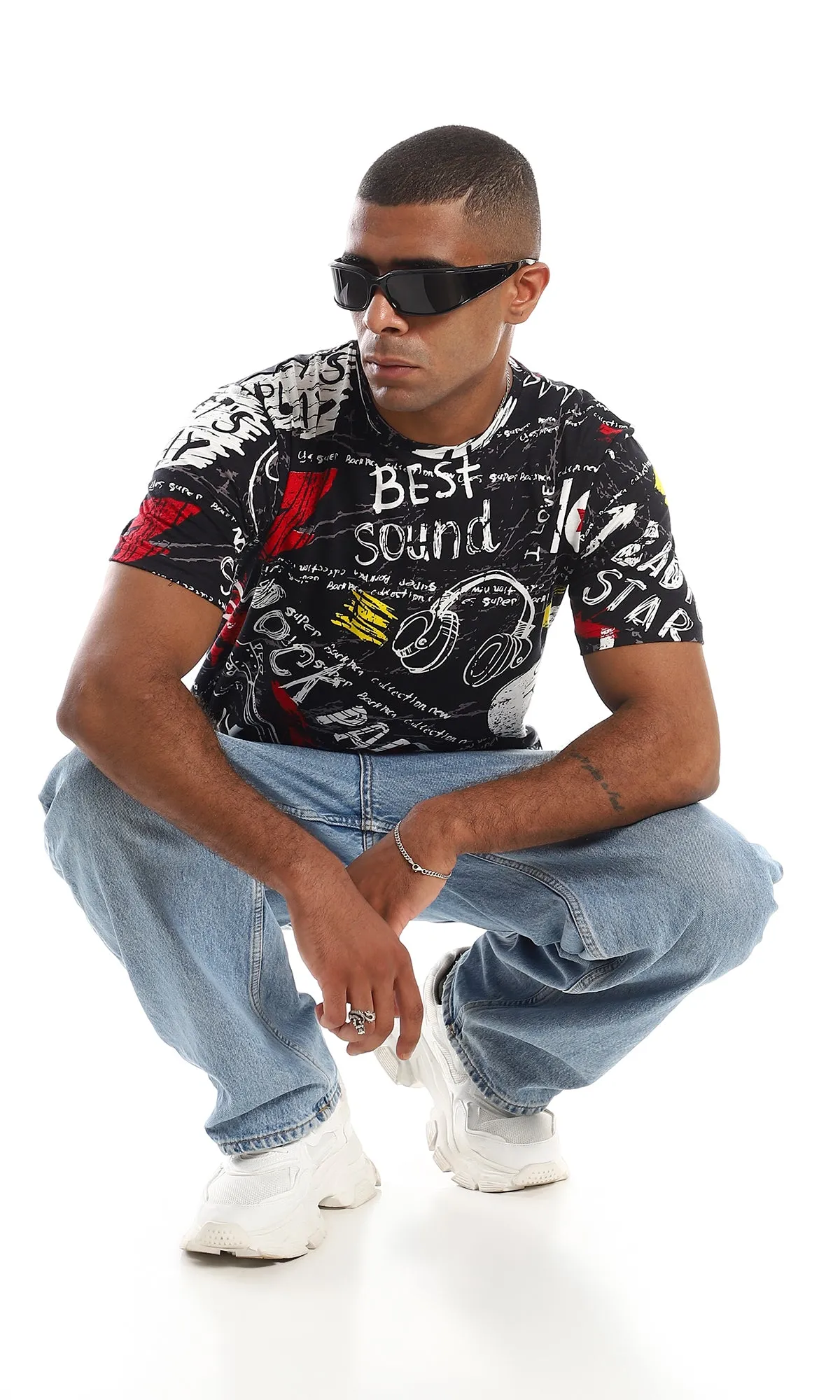 97171 Round Neck Slip On Printed T-Shirt - Black & White