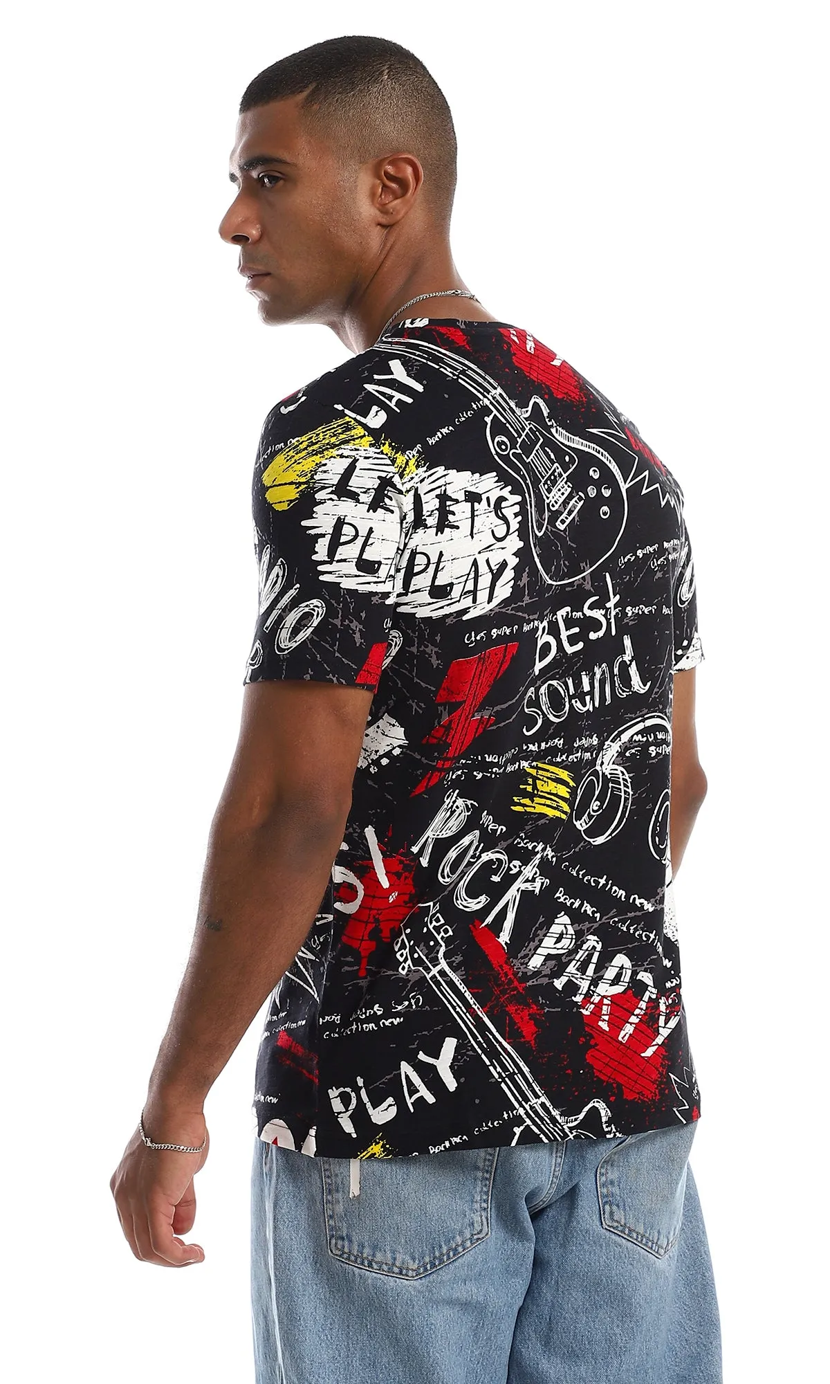 97171 Round Neck Slip On Printed T-Shirt - Black & White