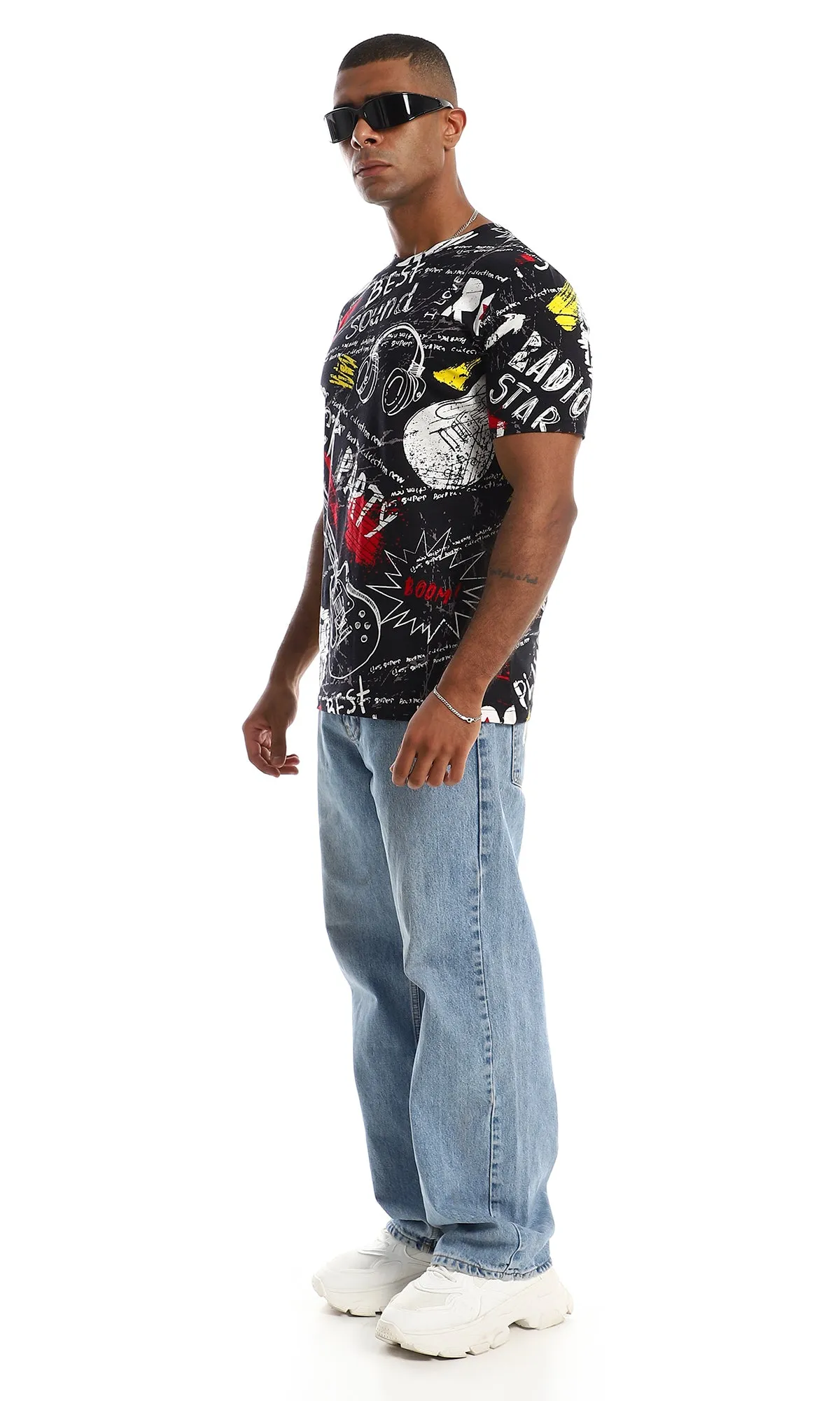 97171 Round Neck Slip On Printed T-Shirt - Black & White