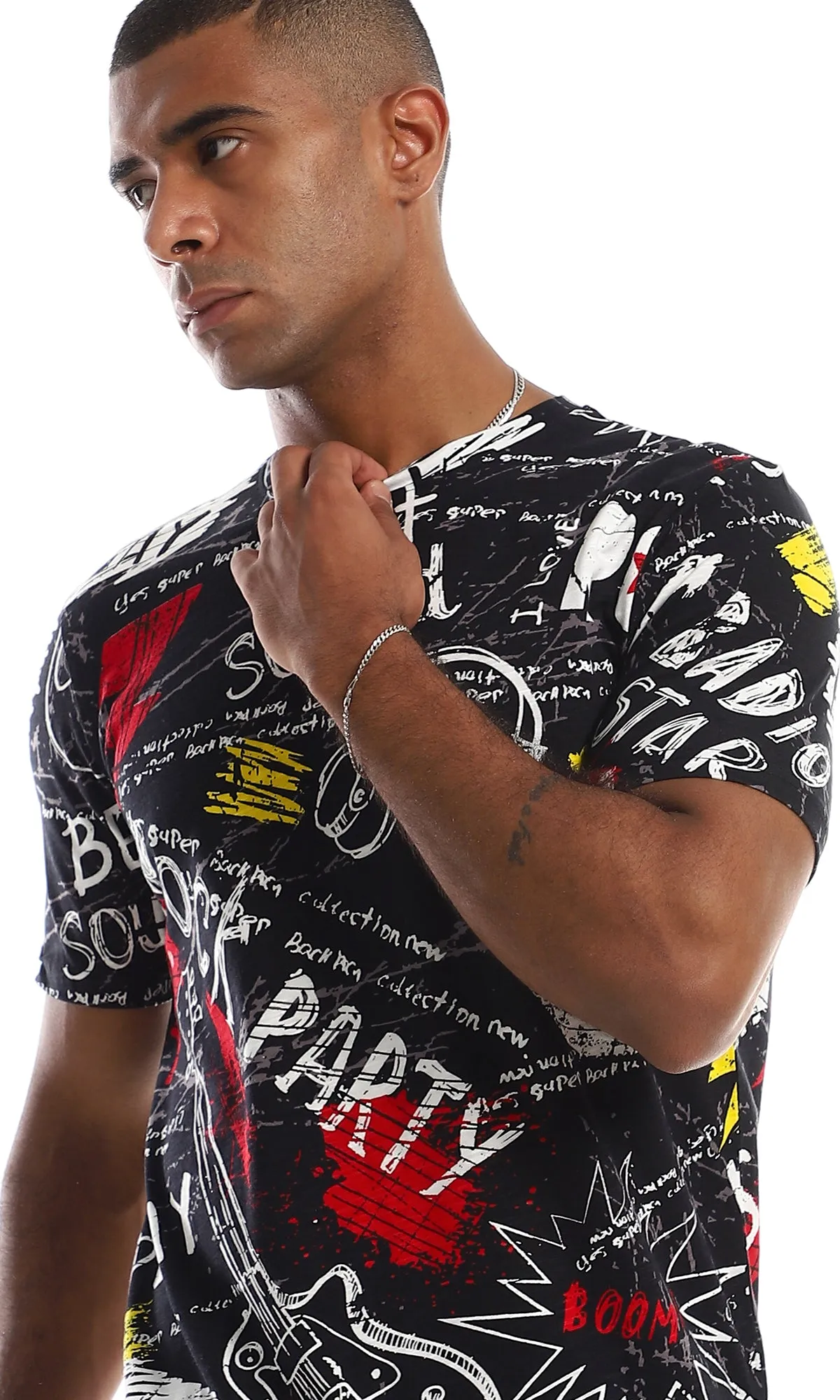 97171 Round Neck Slip On Printed T-Shirt - Black & White