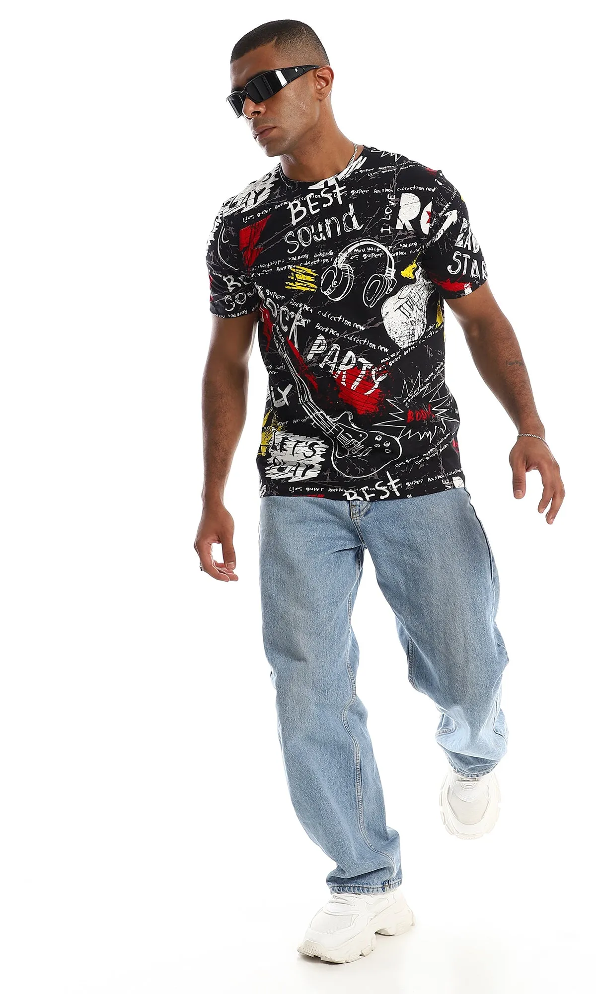 97171 Round Neck Slip On Printed T-Shirt - Black & White