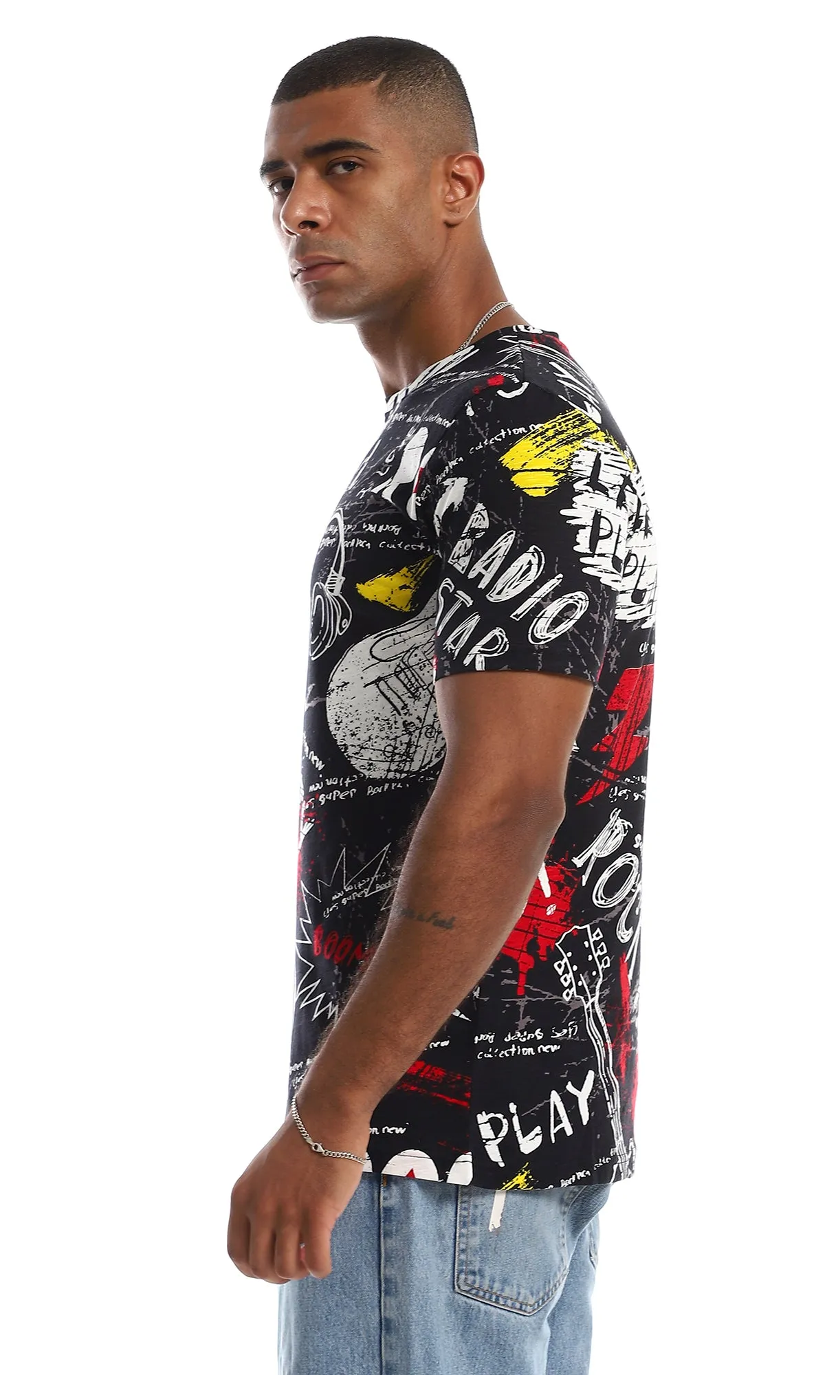 97171 Round Neck Slip On Printed T-Shirt - Black & White