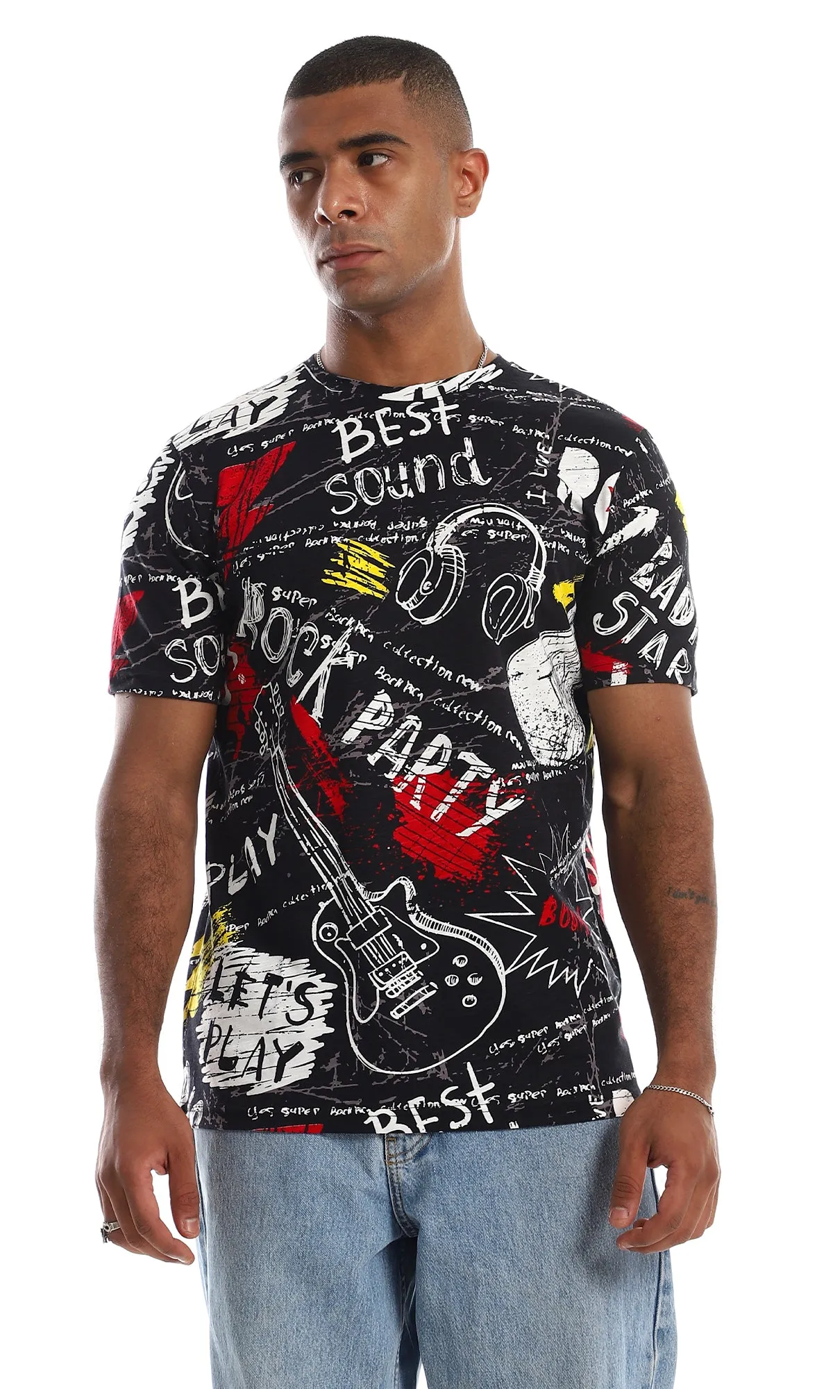 97171 Round Neck Slip On Printed T-Shirt - Black & White