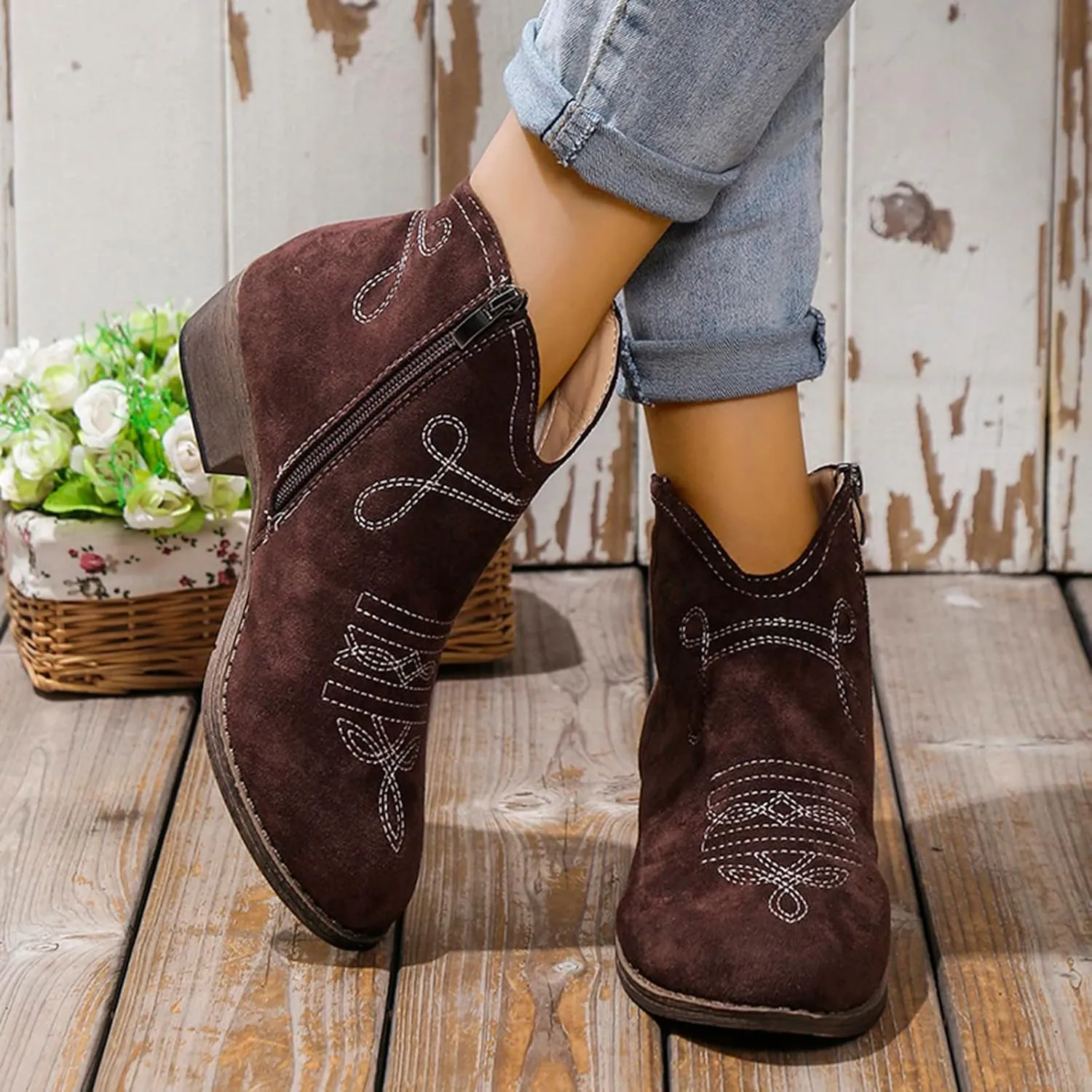 Black Booties for Women Ankle Womens Booties Fall 2024 Brown Boots Women Fall Ankle Barefoot Shoes Women Lightweight Cute Round Toe Pointed Toe Stacked Mid Heel