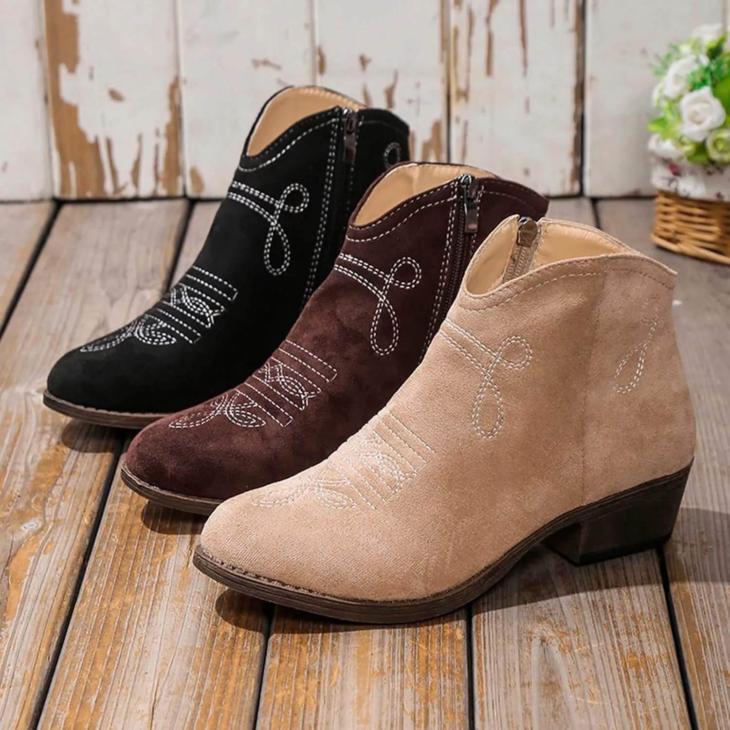 Black Booties for Women Ankle Womens Booties Fall 2024 Brown Boots Women Fall Ankle Barefoot Shoes Women Lightweight Cute Round Toe Pointed Toe Stacked Mid Heel