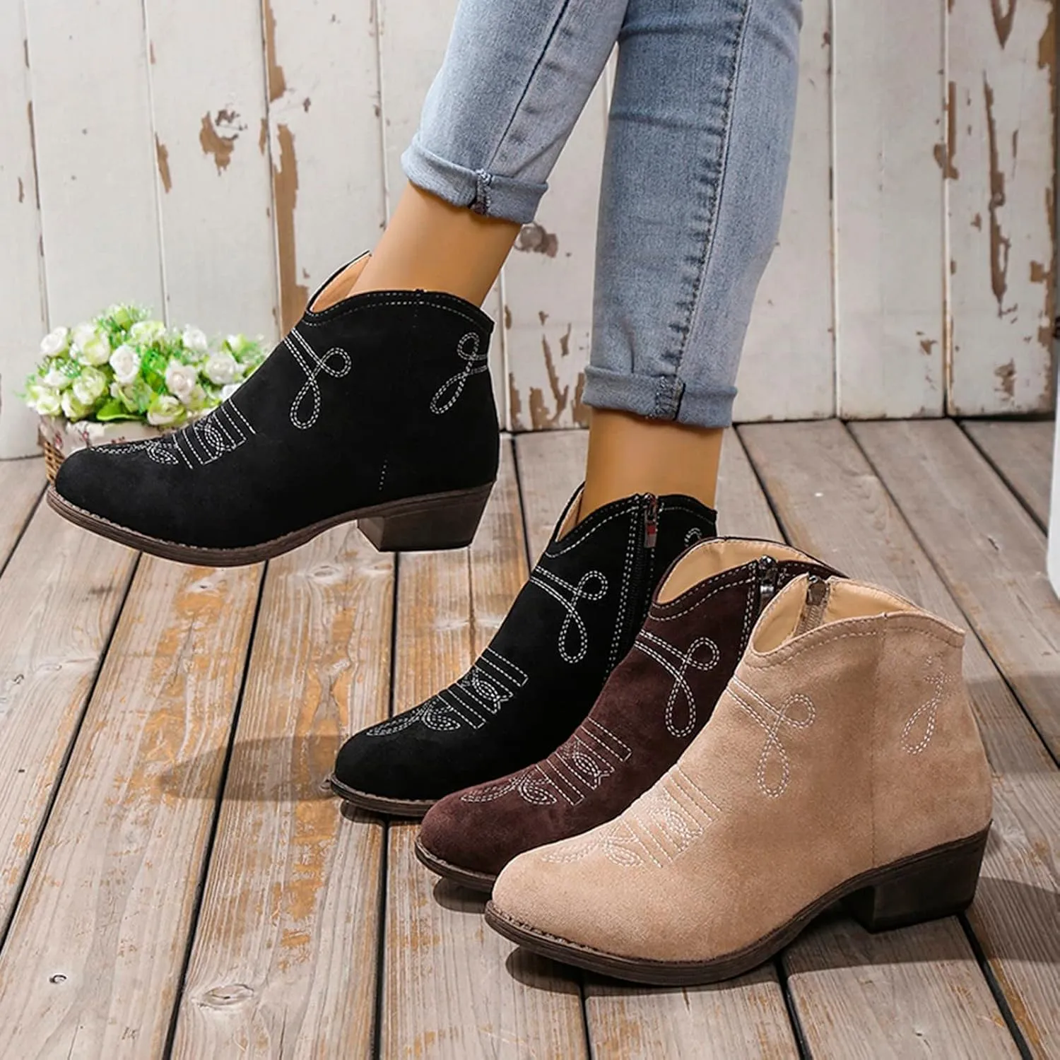 Black Booties for Women Ankle Womens Booties Fall 2024 Brown Boots Women Fall Ankle Barefoot Shoes Women Lightweight Cute Round Toe Pointed Toe Stacked Mid Heel