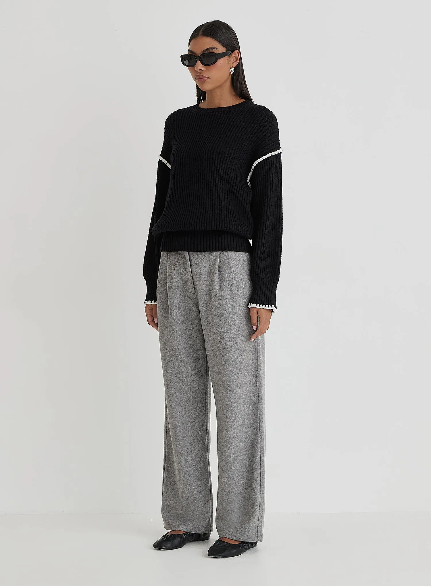 Black Contrast Stitching Knit Jumper- Hollie
