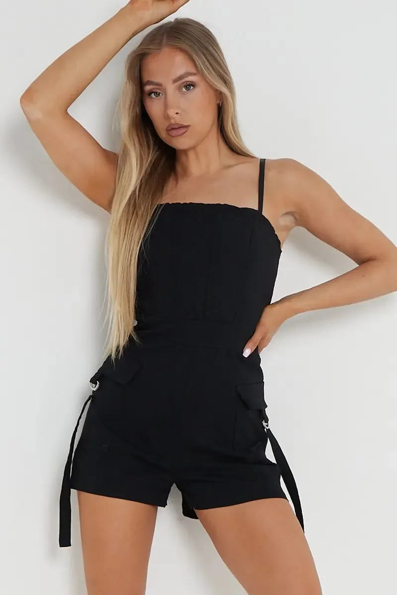 Black Thin Straps Pockets Slim Playsuit