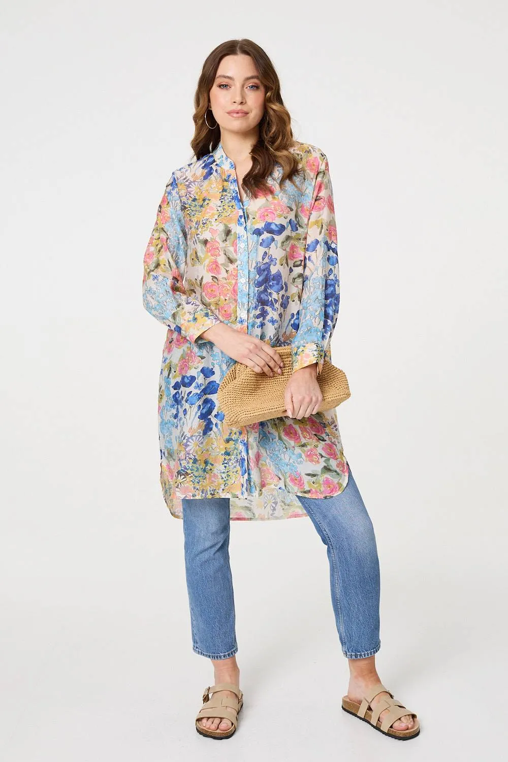 Floral Print Longline Semi Sheer Shirt