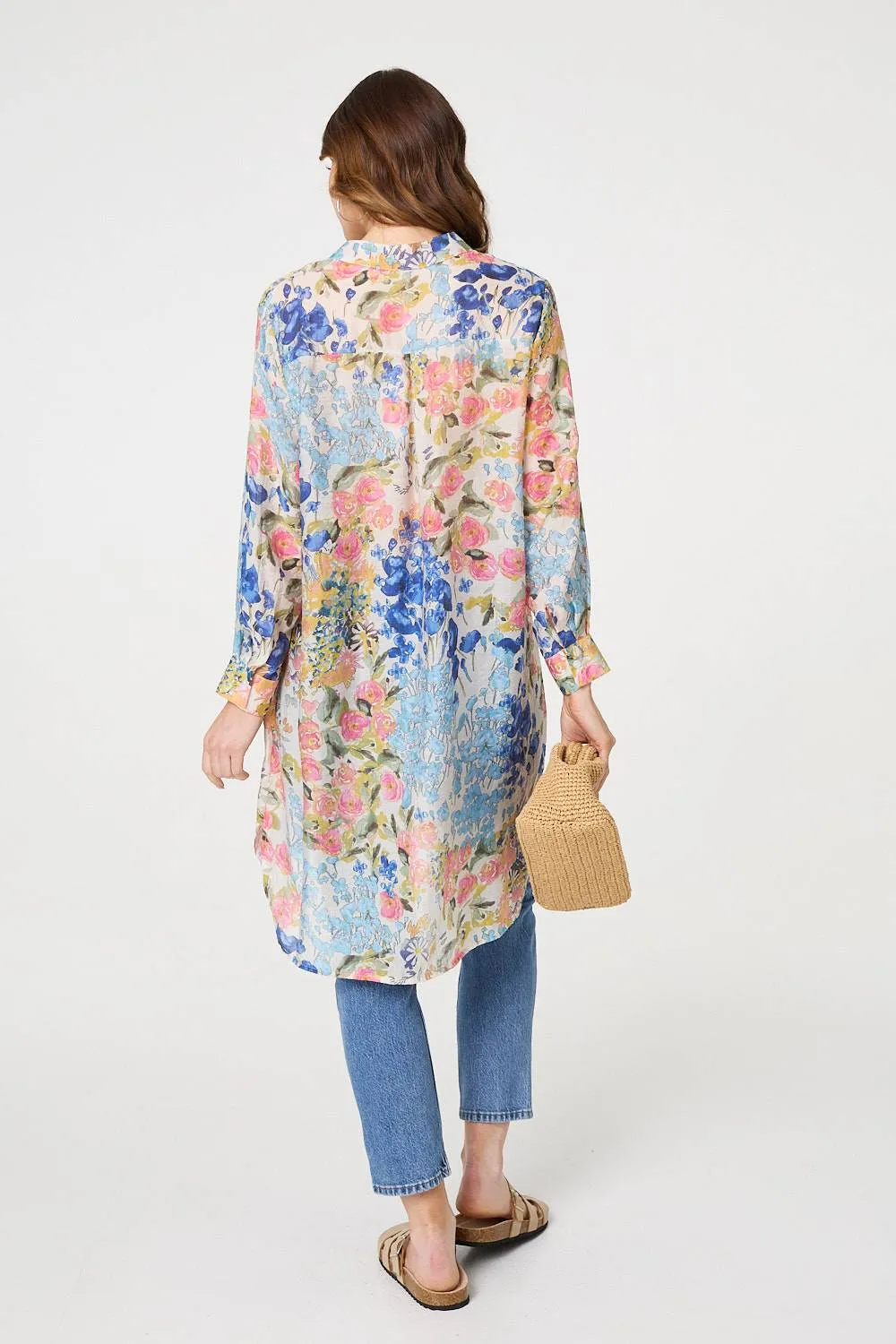 Floral Print Longline Semi Sheer Shirt