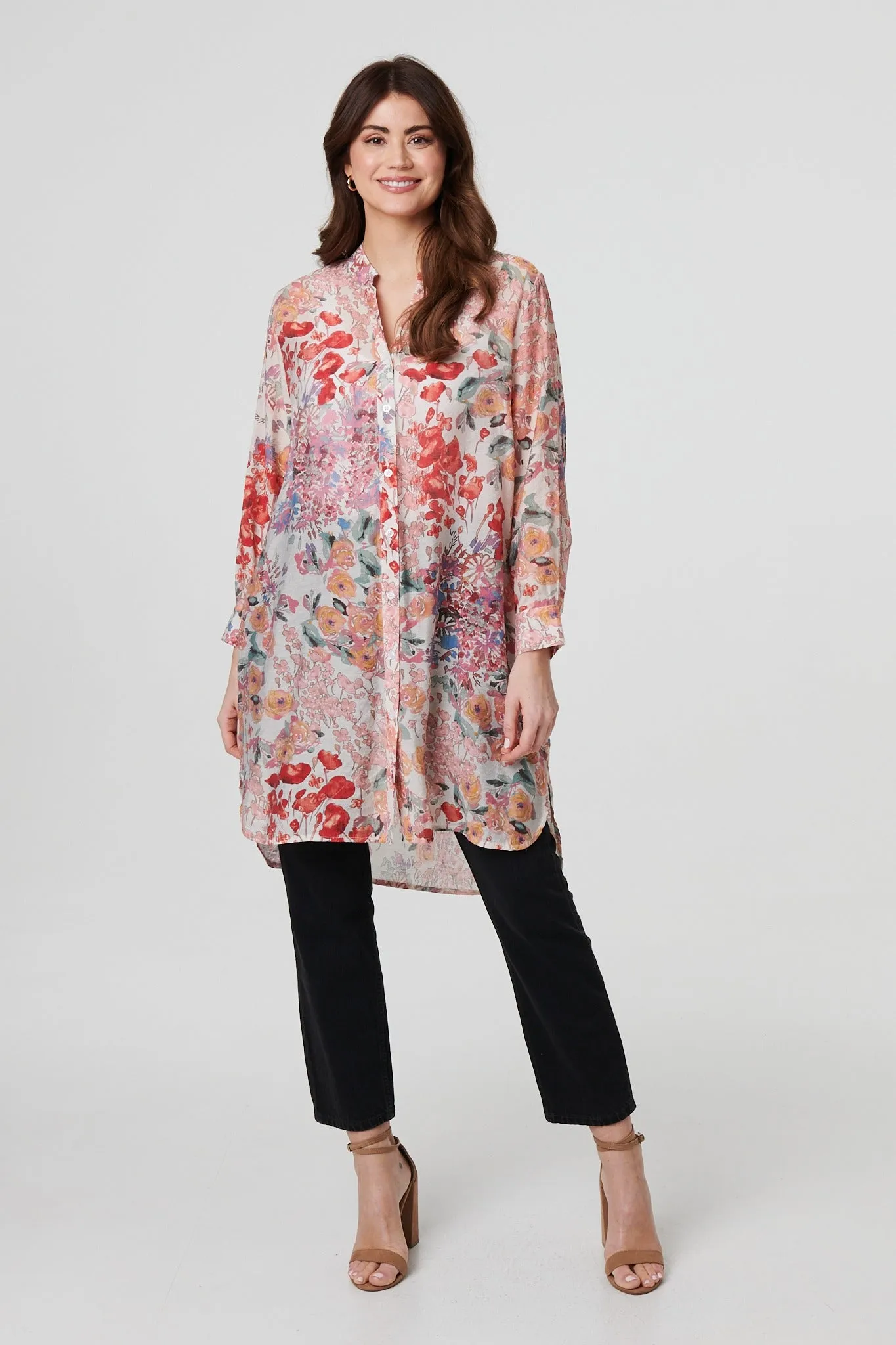 Floral Print Longline Semi Sheer Shirt