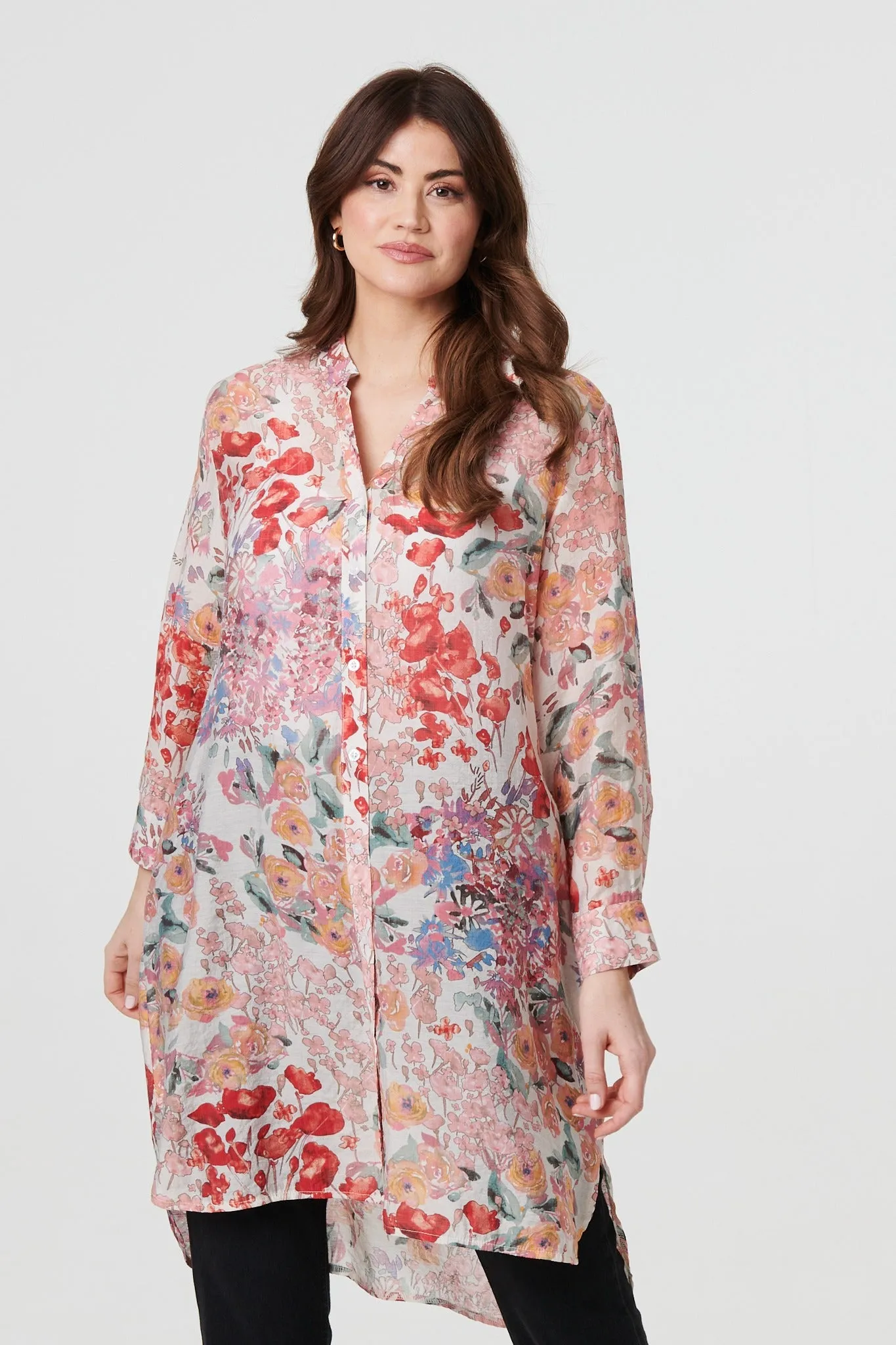 Floral Print Longline Semi Sheer Shirt