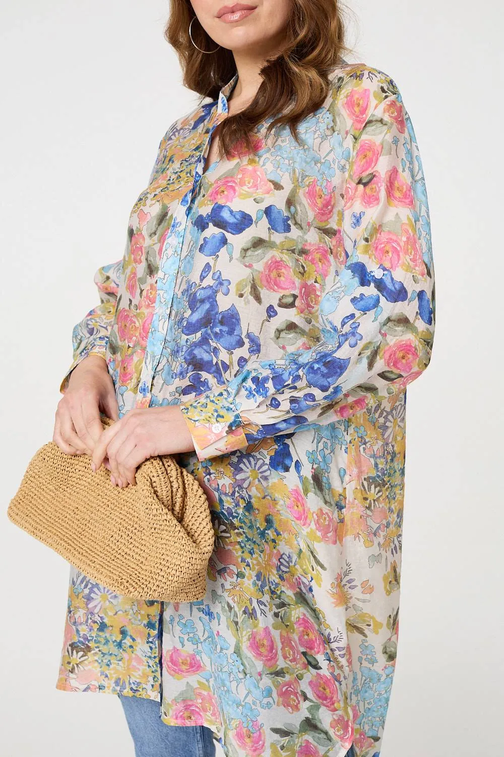 Floral Print Longline Semi Sheer Shirt