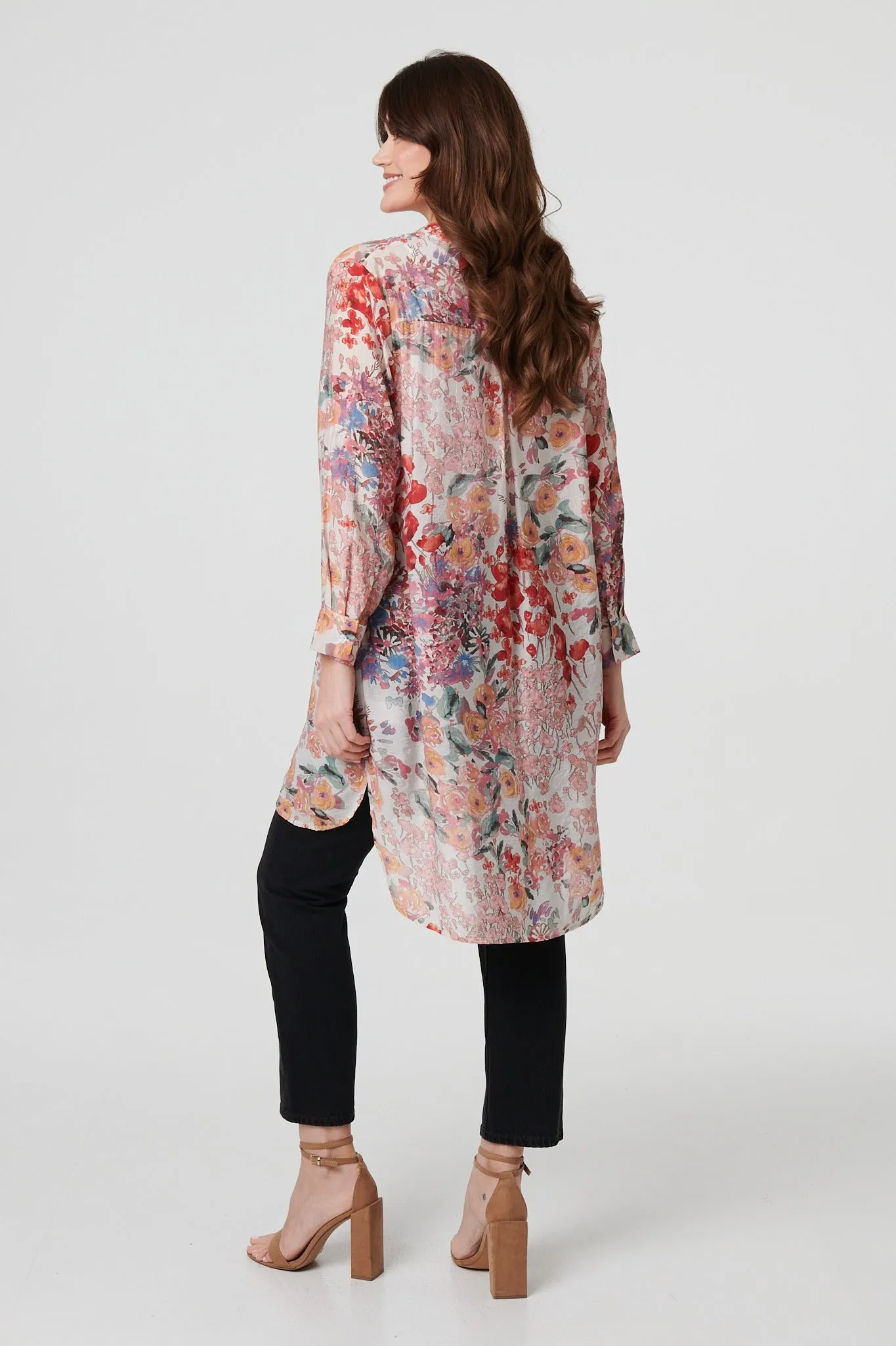 Floral Print Longline Semi Sheer Shirt
