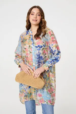 Floral Print Longline Semi Sheer Shirt