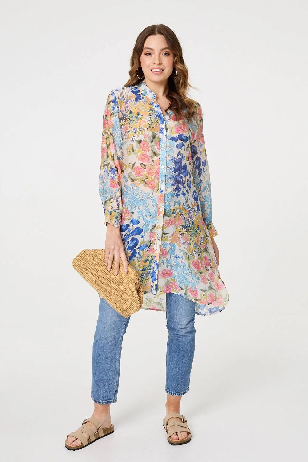 Floral Print Longline Semi Sheer Shirt