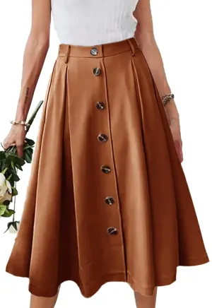 HERBATOMIA Midi Pleated Skirt High Elastic Waist Brown A-line Button Front Casual Flared Long Skirts with Pocket for Women