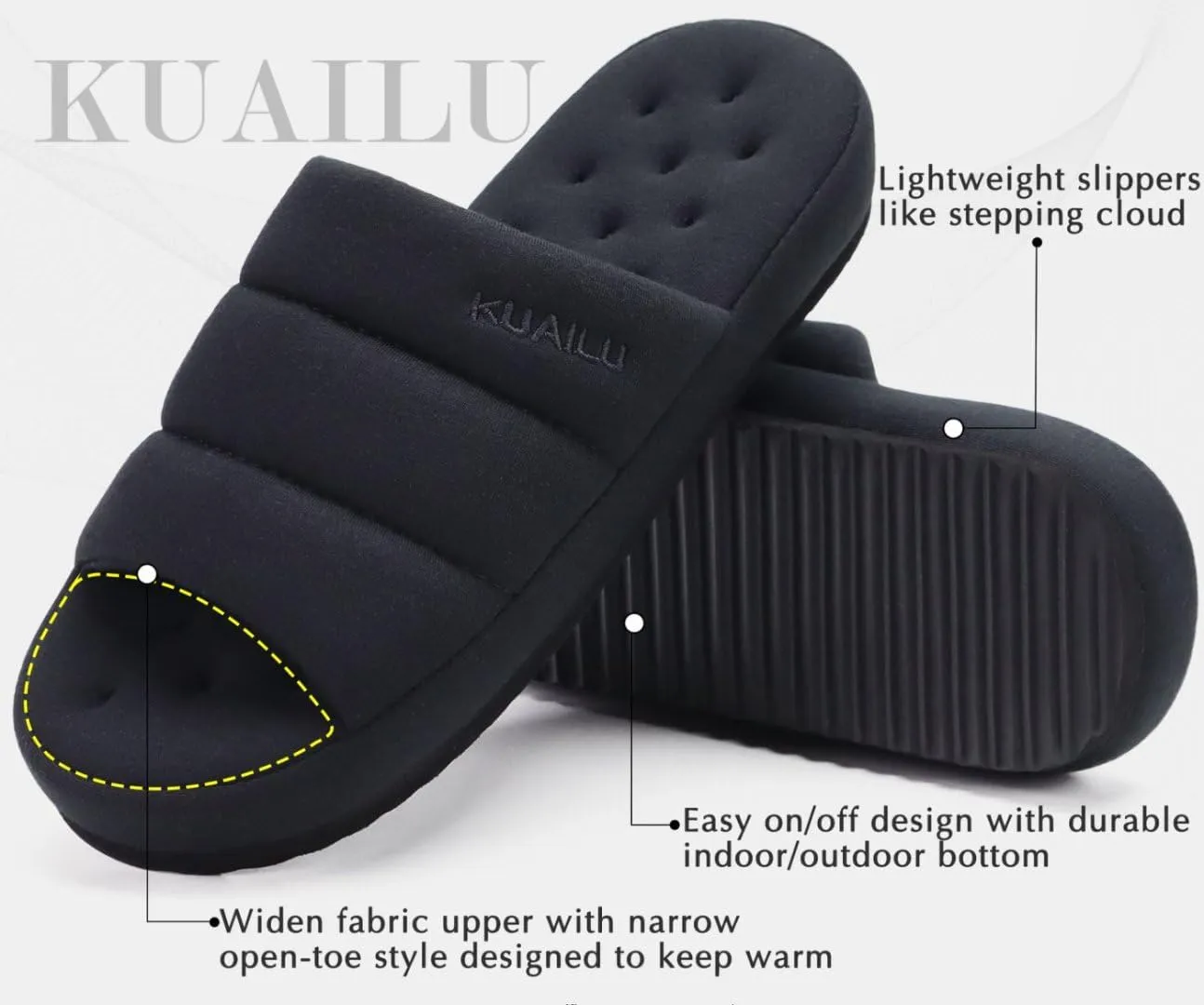 KuaiLu Men's Fashion Quilted Cotton-blend Fabric Sandal Slippers Cozy Memory Foam Indoor/Outdoor House Shoes with Lightweight Soft Cushion Footbed Hard Rubber Sole
