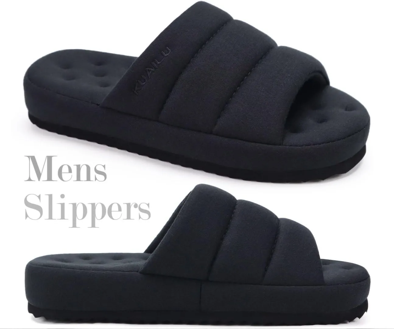 KuaiLu Men's Fashion Quilted Cotton-blend Fabric Sandal Slippers Cozy Memory Foam Indoor/Outdoor House Shoes with Lightweight Soft Cushion Footbed Hard Rubber Sole