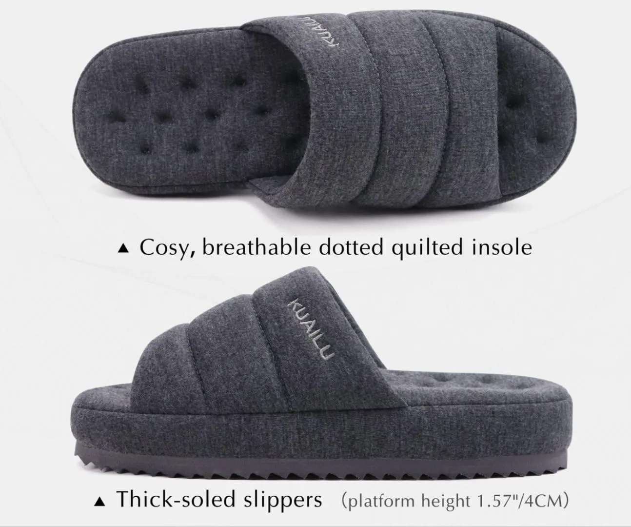 KuaiLu Men's Fashion Quilted Cotton-blend Fabric Sandal Slippers Cozy Memory Foam Indoor/Outdoor House Shoes with Lightweight Soft Cushion Footbed Hard Rubber Sole