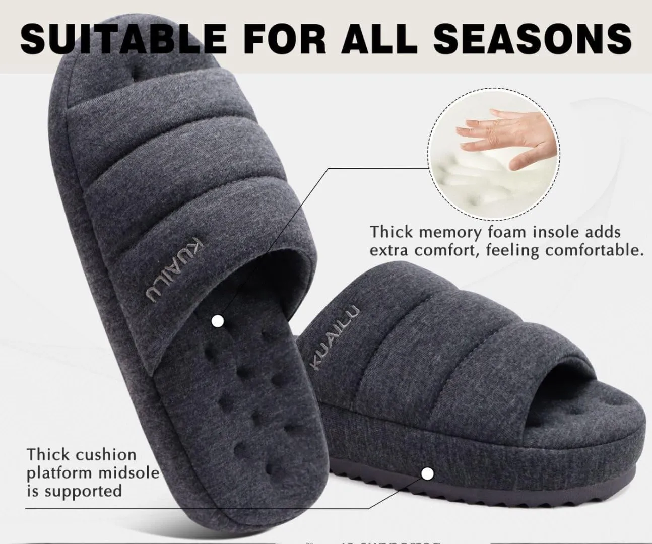 KuaiLu Men's Fashion Quilted Cotton-blend Fabric Sandal Slippers Cozy Memory Foam Indoor/Outdoor House Shoes with Lightweight Soft Cushion Footbed Hard Rubber Sole