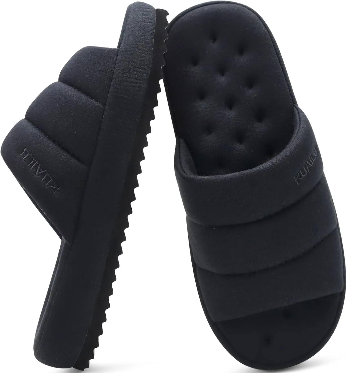 KuaiLu Men's Fashion Quilted Cotton-blend Fabric Sandal Slippers Cozy Memory Foam Indoor/Outdoor House Shoes with Lightweight Soft Cushion Footbed Hard Rubber Sole