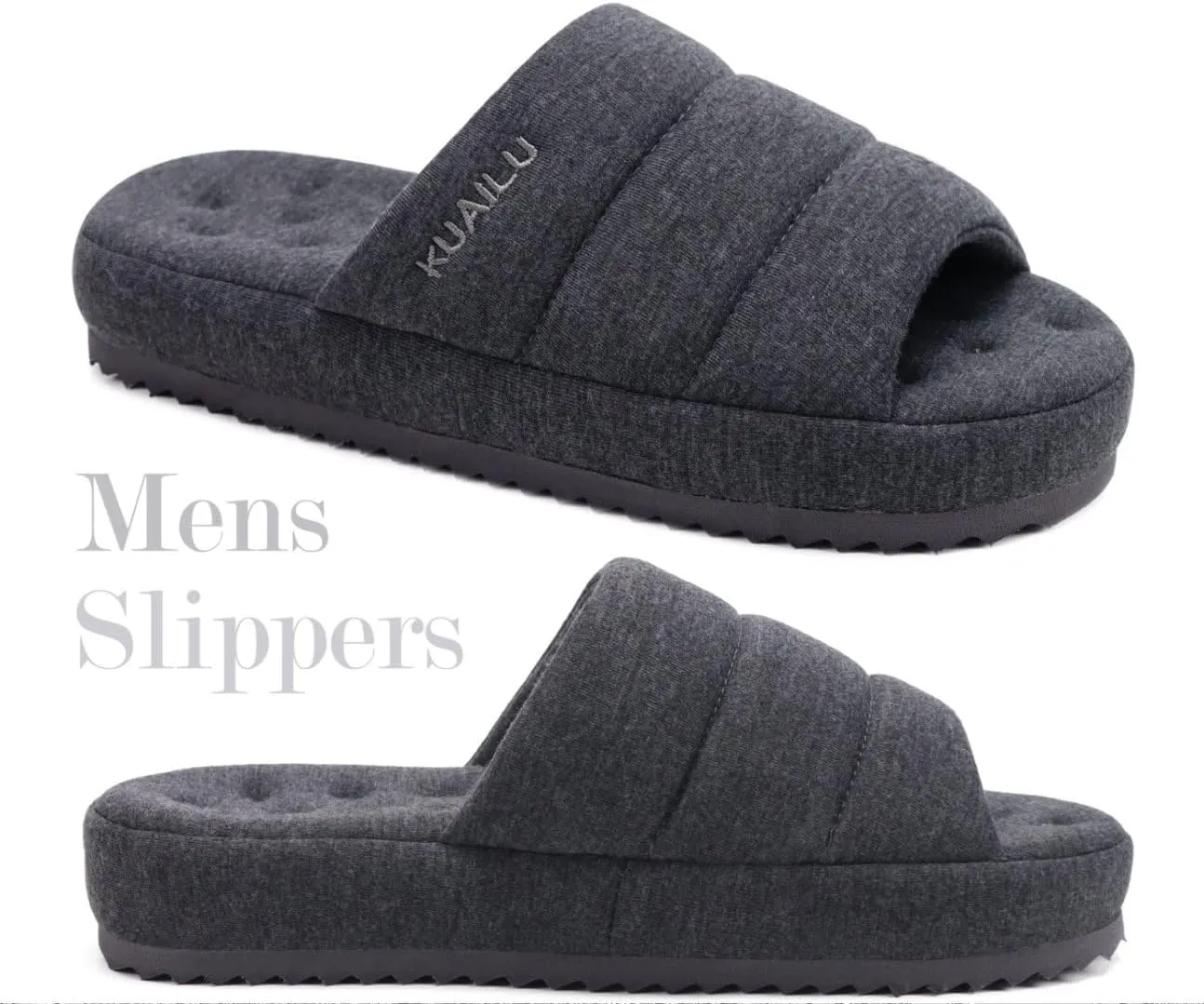 KuaiLu Men's Fashion Quilted Cotton-blend Fabric Sandal Slippers Cozy Memory Foam Indoor/Outdoor House Shoes with Lightweight Soft Cushion Footbed Hard Rubber Sole