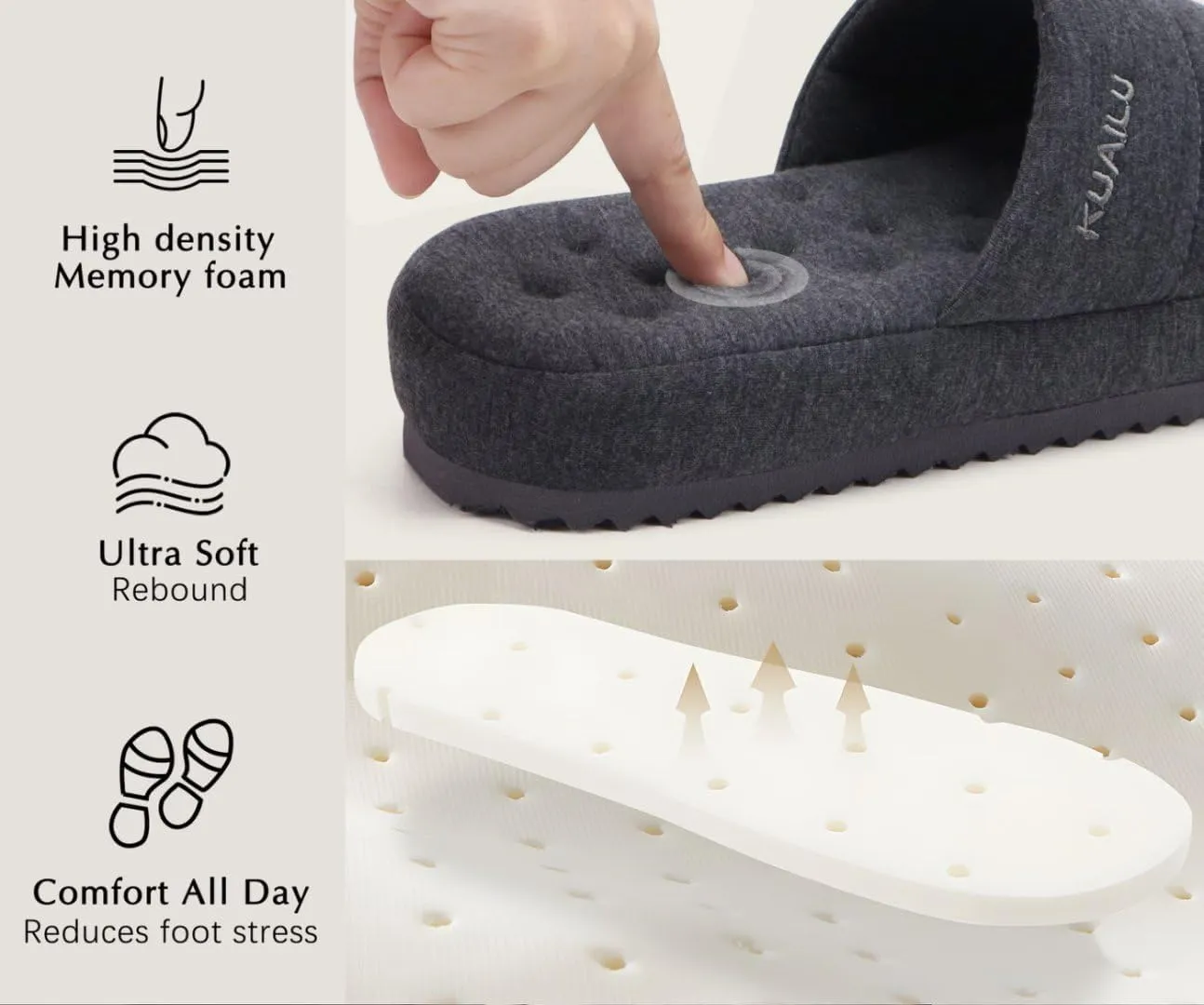 KuaiLu Men's Fashion Quilted Cotton-blend Fabric Sandal Slippers Cozy Memory Foam Indoor/Outdoor House Shoes with Lightweight Soft Cushion Footbed Hard Rubber Sole