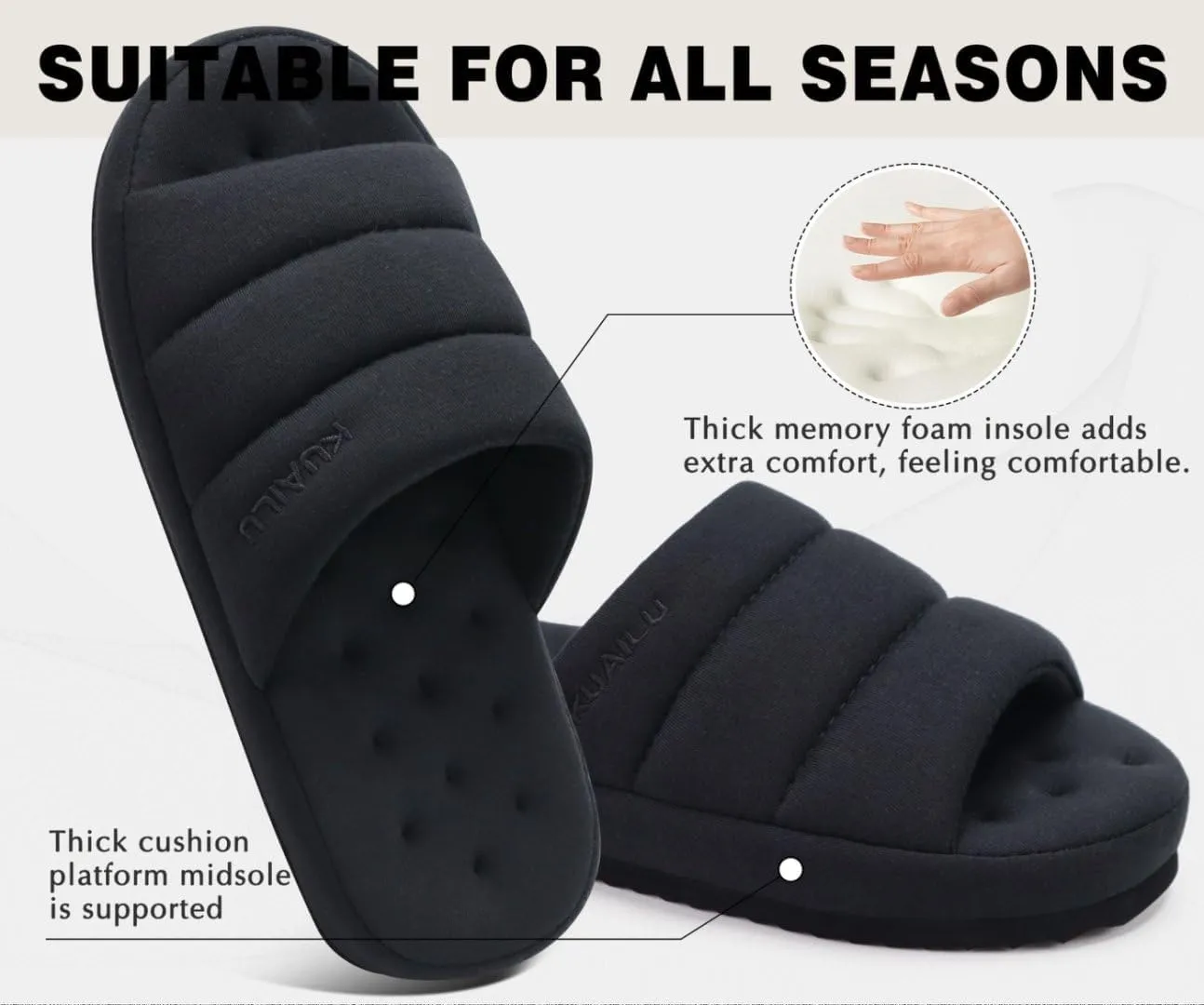 KuaiLu Men's Fashion Quilted Cotton-blend Fabric Sandal Slippers Cozy Memory Foam Indoor/Outdoor House Shoes with Lightweight Soft Cushion Footbed Hard Rubber Sole