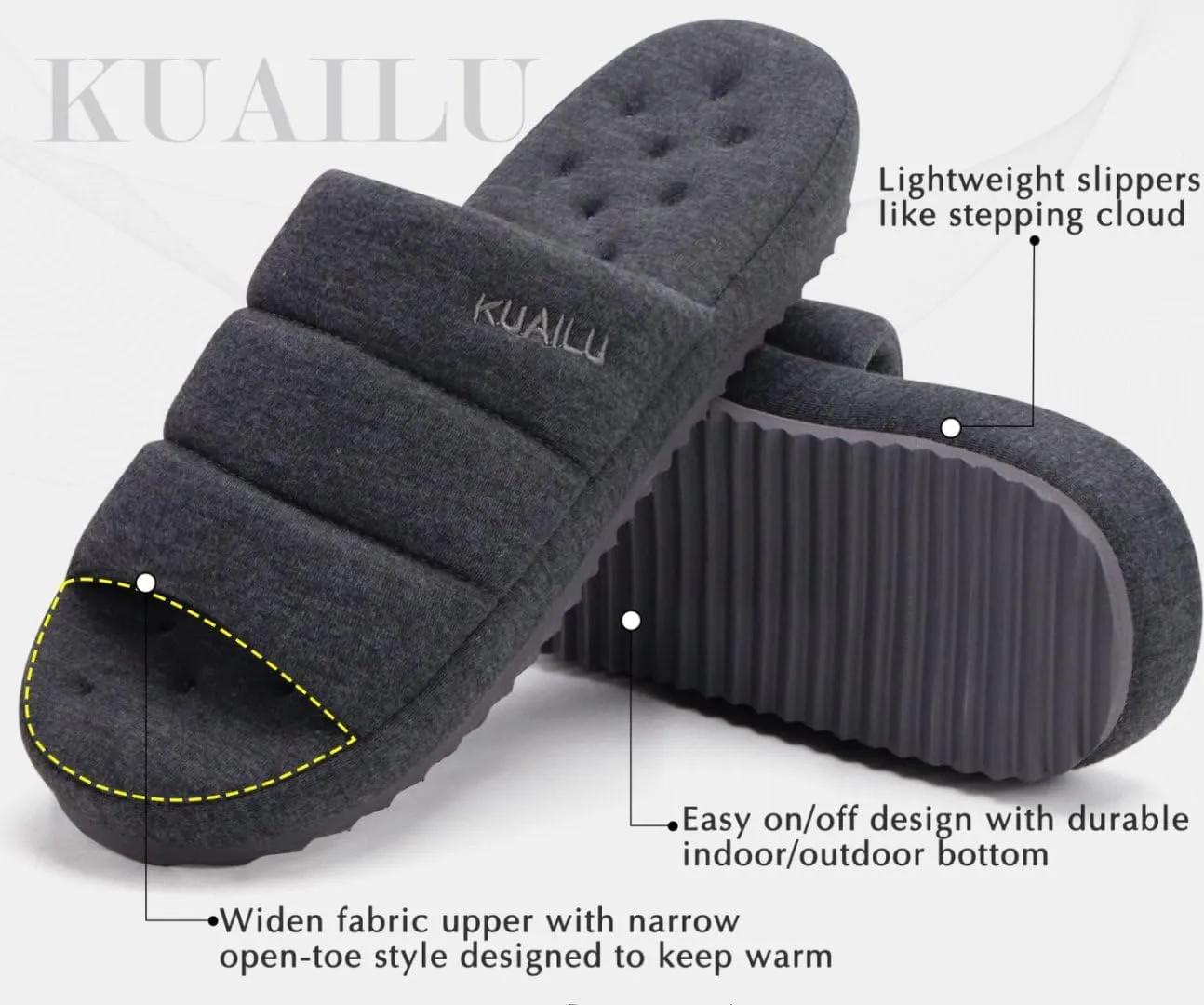 KuaiLu Men's Fashion Quilted Cotton-blend Fabric Sandal Slippers Cozy Memory Foam Indoor/Outdoor House Shoes with Lightweight Soft Cushion Footbed Hard Rubber Sole