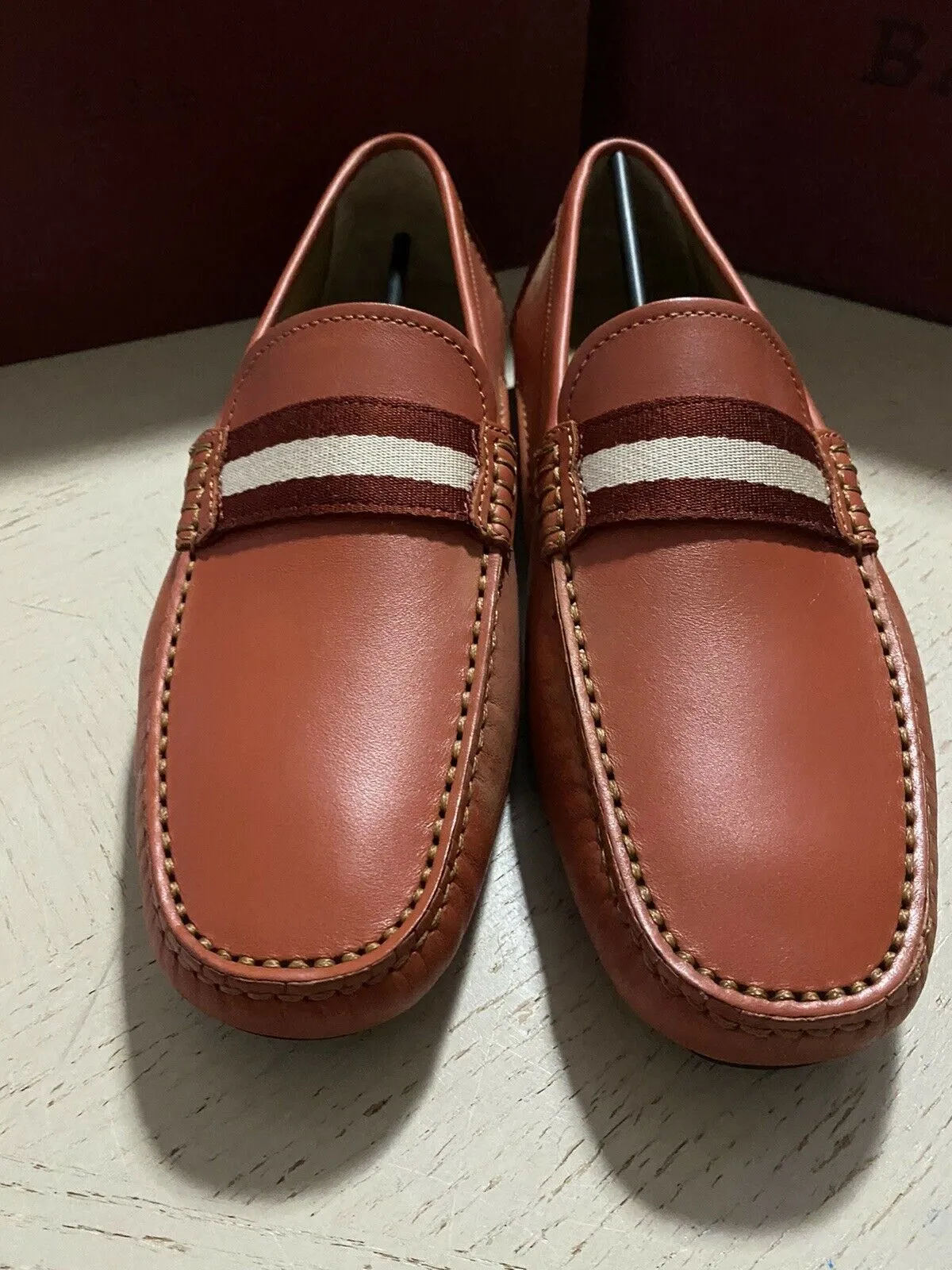 New $550 Bally Men Waltec Leather Driver Loafers Shoes Orange 8 US Italy