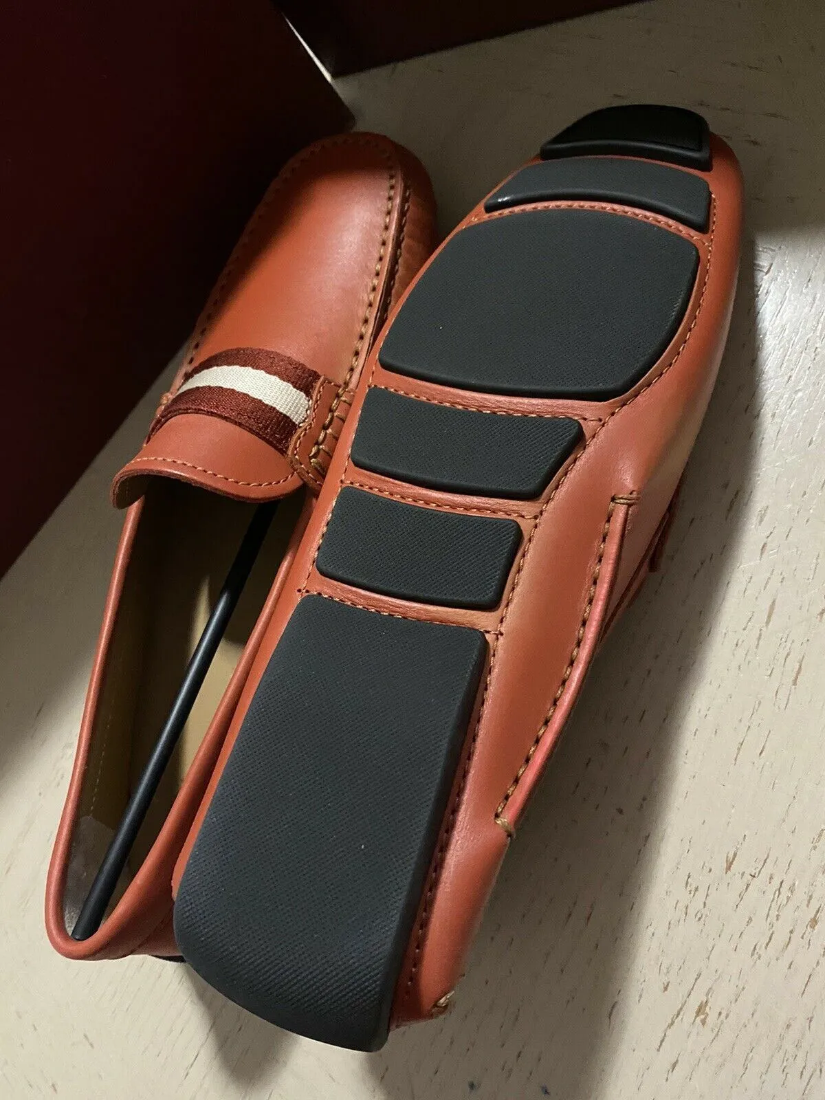 New $550 Bally Men Waltec Leather Driver Loafers Shoes Orange 8 US Italy