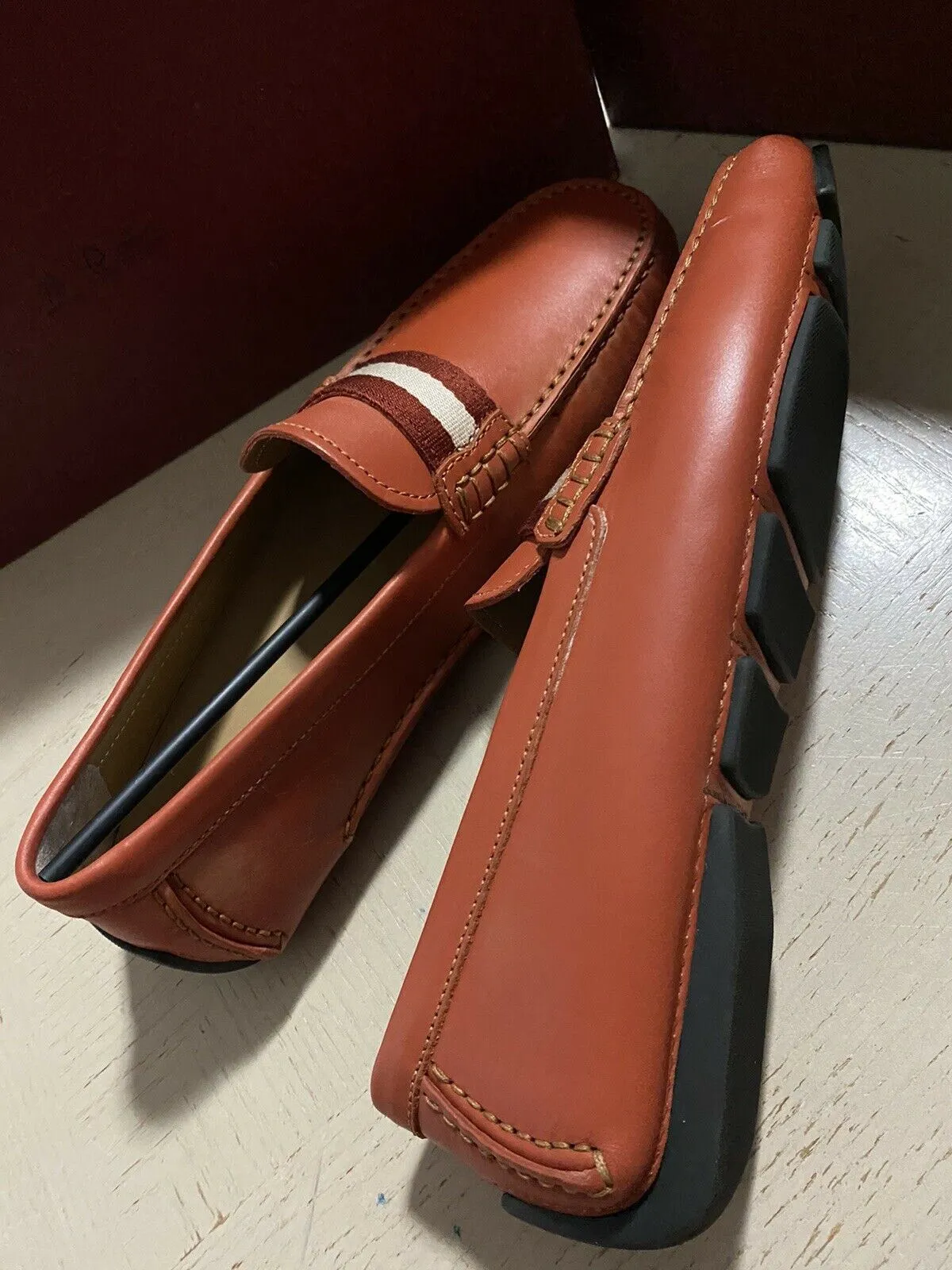 New $550 Bally Men Waltec Leather Driver Loafers Shoes Orange 8 US Italy