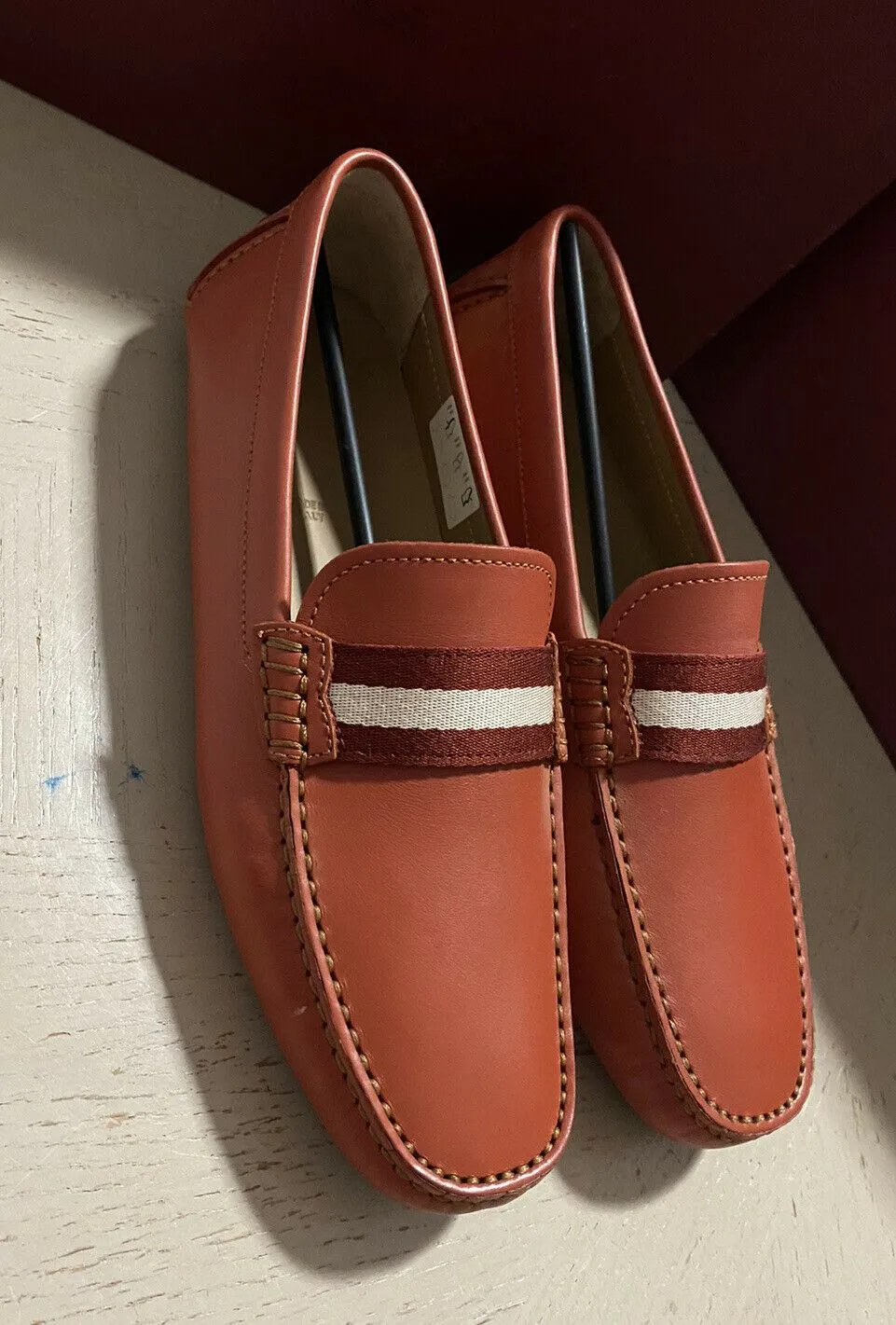 New $550 Bally Men Waltec Leather Driver Loafers Shoes Orange 8 US Italy