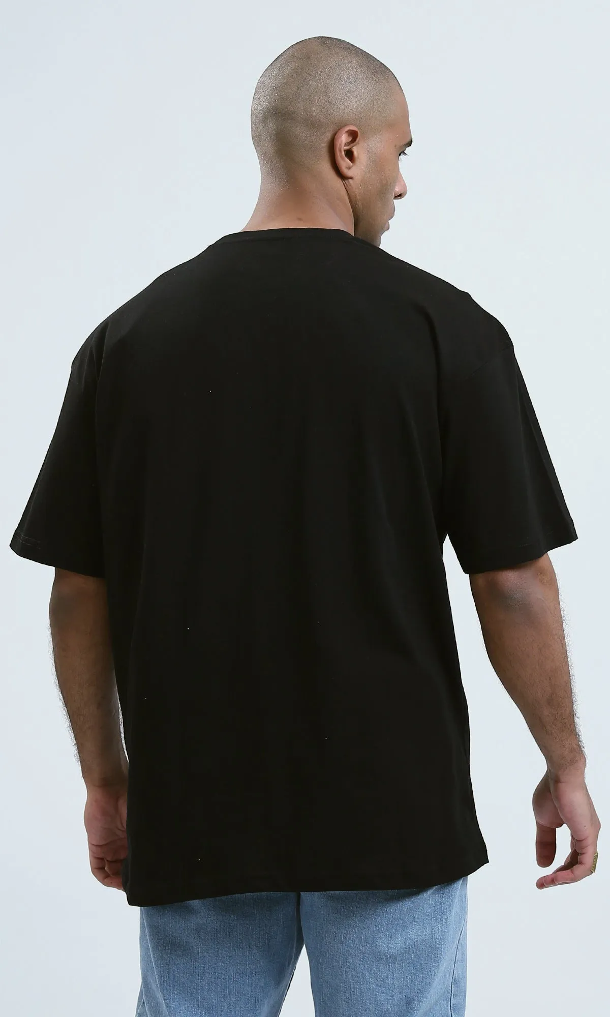 O178979 - Round Neck Elbow Sleeves Black Printed Tee