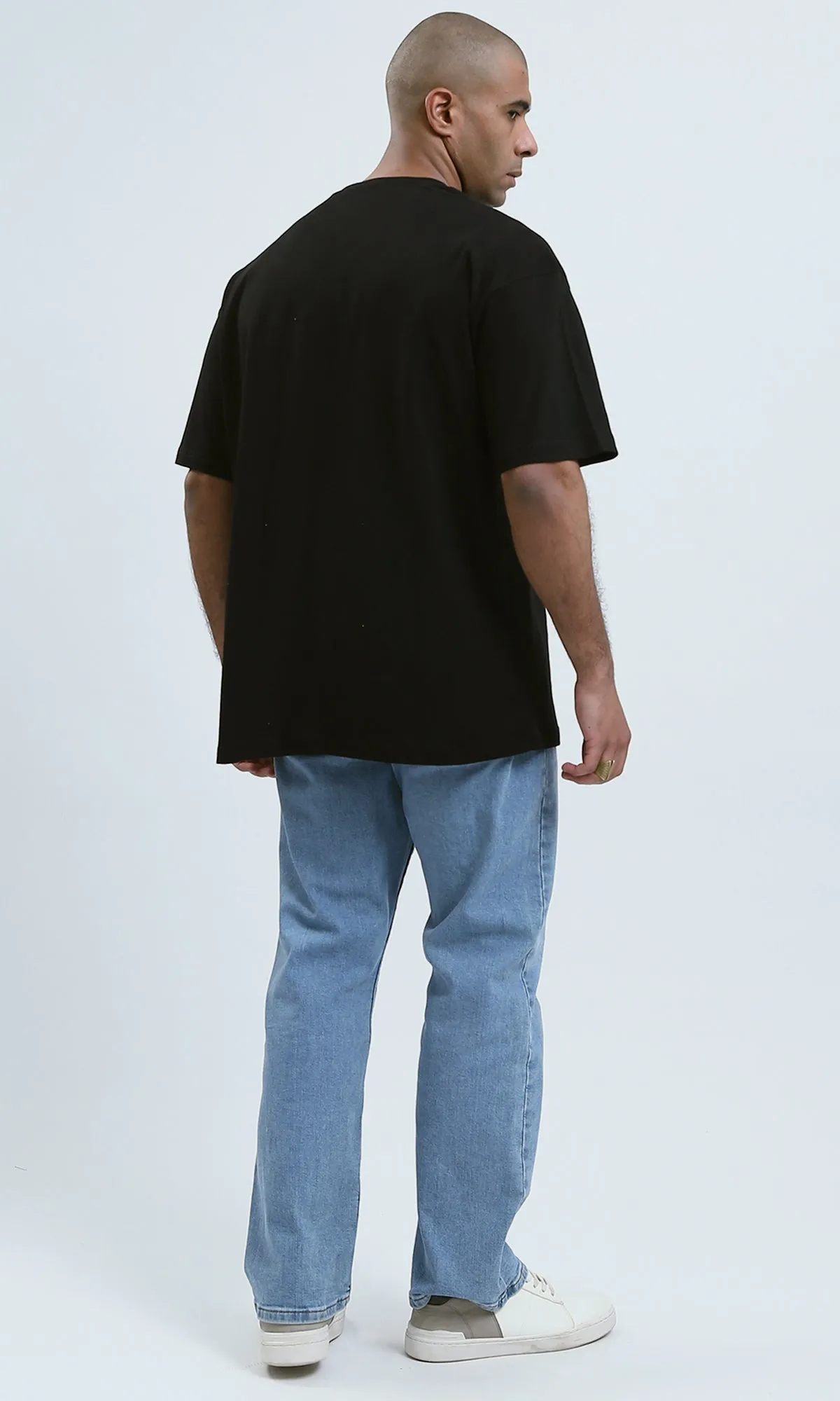 O178979 - Round Neck Elbow Sleeves Black Printed Tee