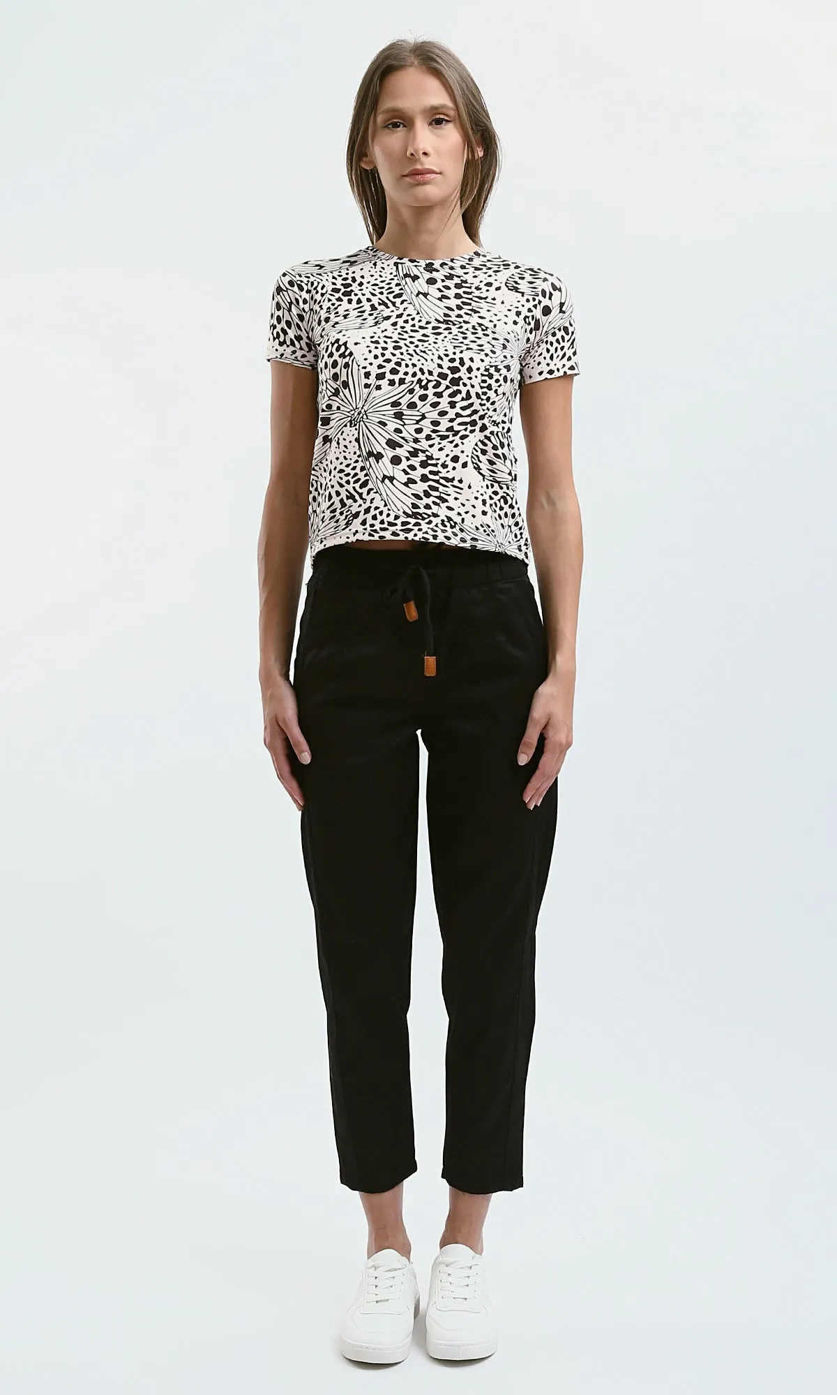 O182831 Beige & Black Patterned Short Sleeves Short Tee