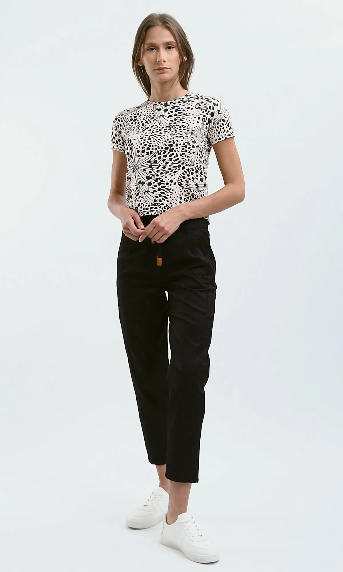 O182831 Beige & Black Patterned Short Sleeves Short Tee