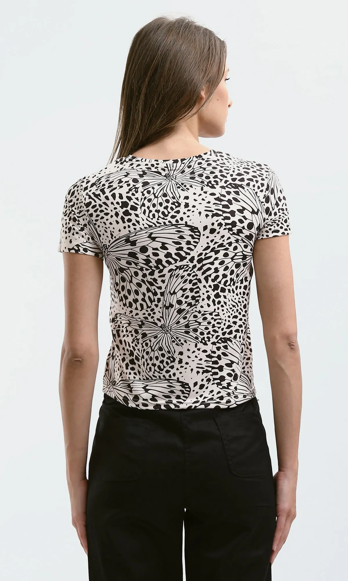 O182831 Beige & Black Patterned Short Sleeves Short Tee