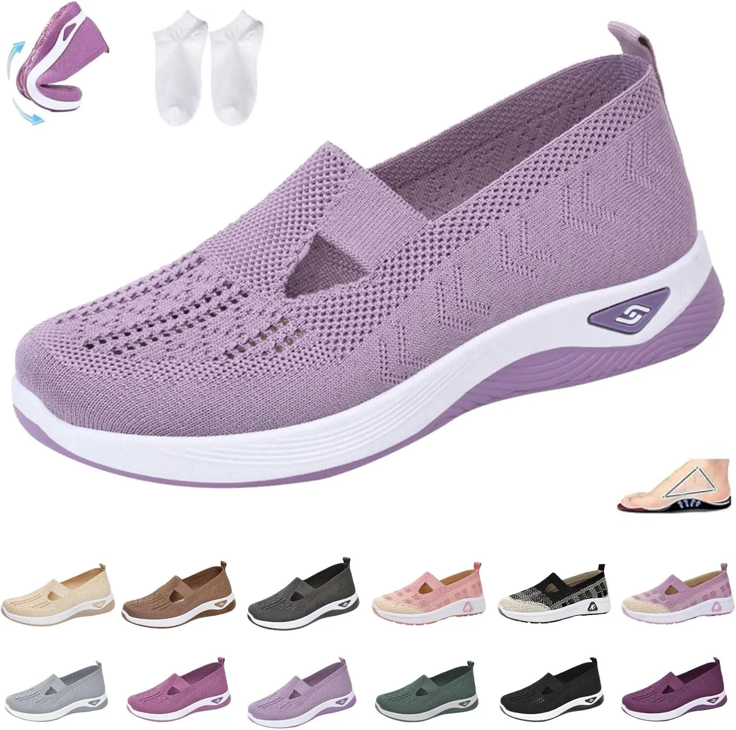 Orthowalkway Womens Shoes, Mesh Design, Breathable and Comfortable, Orthopedic Slip-On Lightweight Flat Soft Shoes