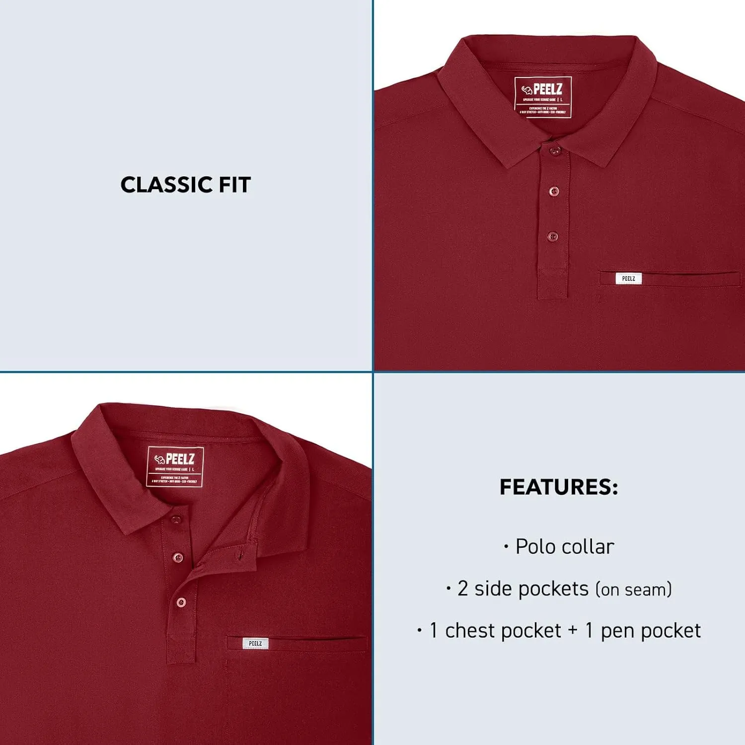 Peelz Jack 4-Pocket Polo Scrub Tops for Men - Soft Stretch Fabric Scrubs, Fashion-Forward Men's Scrub Top, Classic Fit