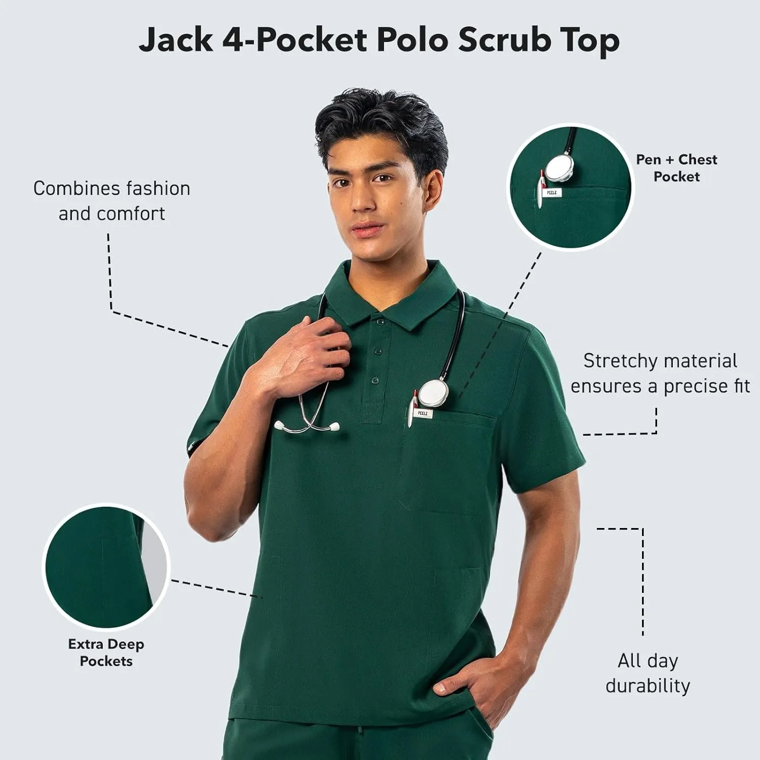 Peelz Jack 4-Pocket Polo Scrub Tops for Men - Soft Stretch Fabric Scrubs, Fashion-Forward Men's Scrub Top, Classic Fit