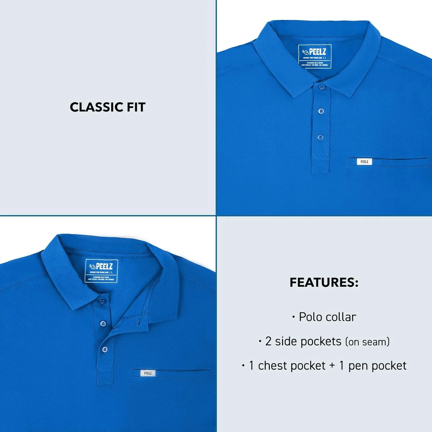 Peelz Jack 4-Pocket Polo Scrub Tops for Men - Soft Stretch Fabric Scrubs, Fashion-Forward Men's Scrub Top, Classic Fit